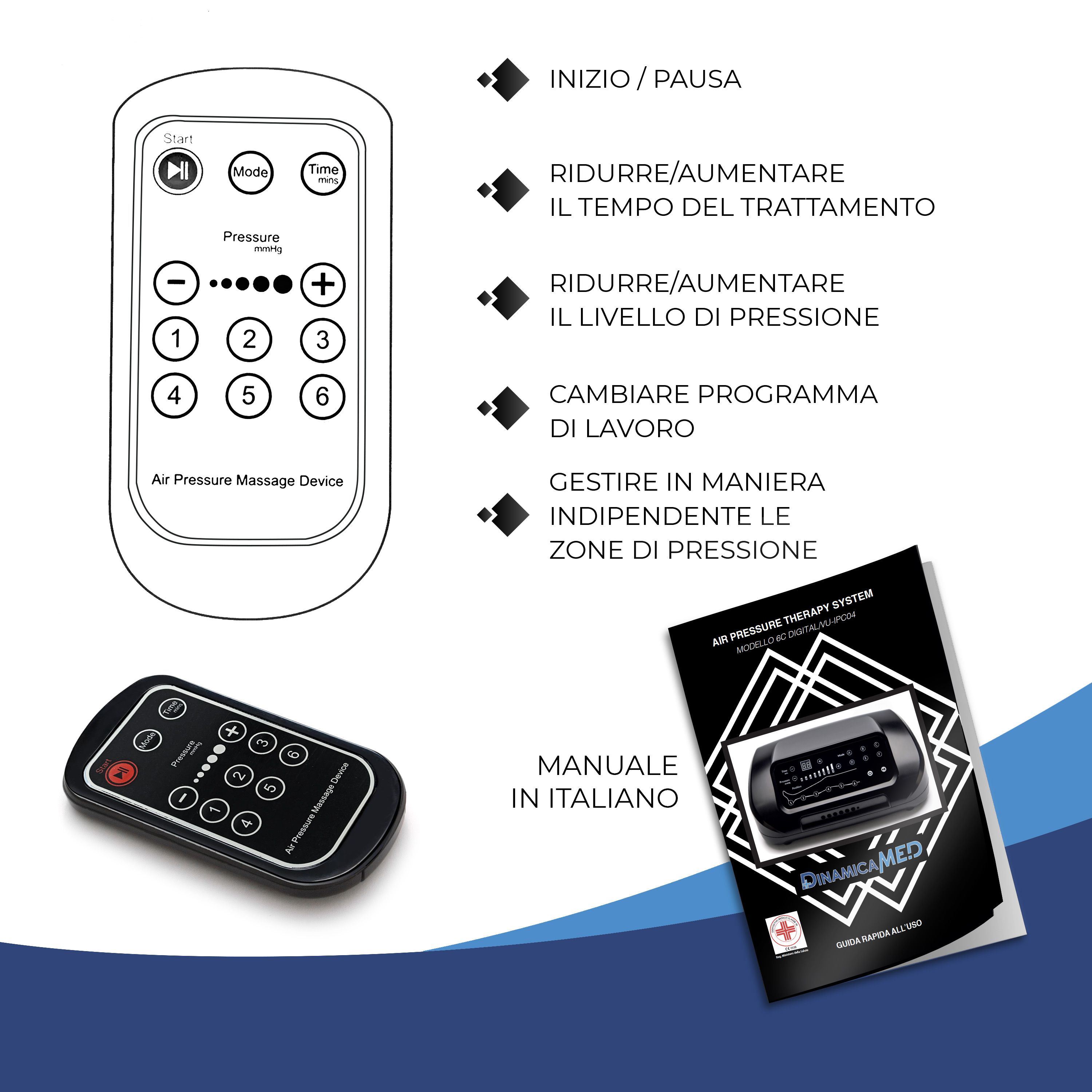 Telecomando e manuale per un dispositivo di massaggio ad aria.