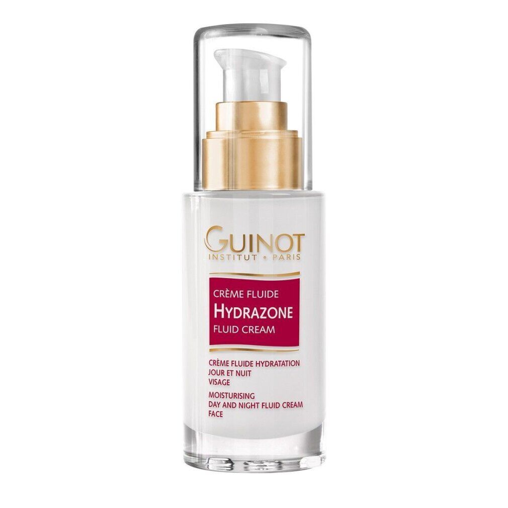 Guinot Hydrazone Crema Fluida. Flacone bianco con pompa, collo dorato e tappo trasparente. Etichetta rossa con nome del prodotto.
