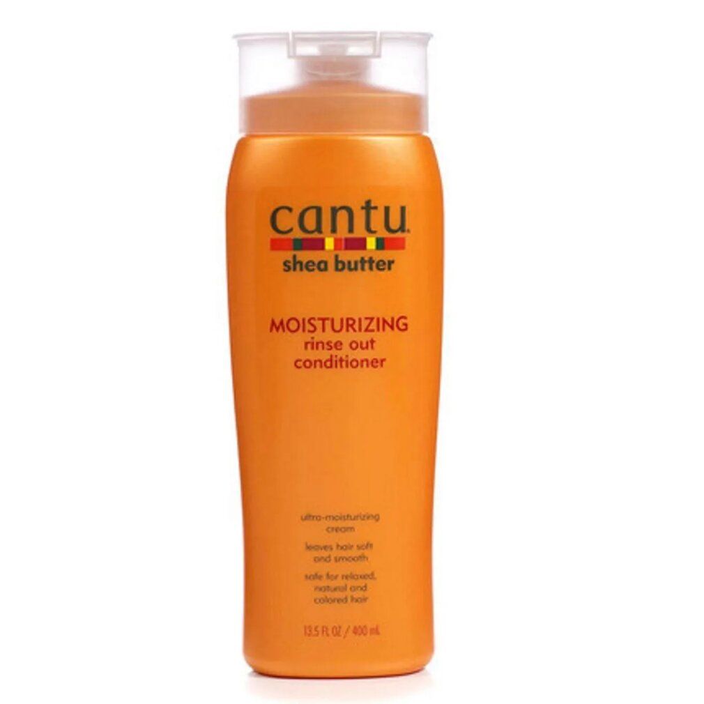 Flacone arancione con etichetta Cantu Shea Butter Moisturizing Rinse Out Conditioner. Contiene 13,5 fl oz / 400 ml.
