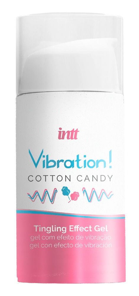 Flacone con dosatore. Scritta: Vibration! Cotton Candy Tingling Effect Gel. Marchio: INTT. Rosa e bianco.