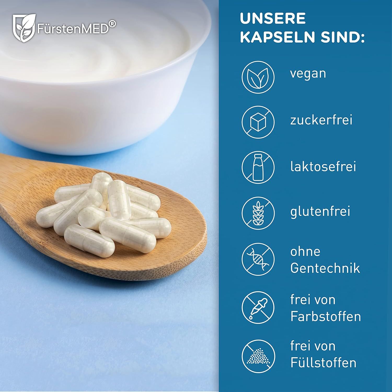 Capsule su cucchiaio di legno e in ciotola con yogurt. Testo: vegano, senza zucchero, senza lattosio, senza glutine, senza OGM, senza coloranti, senza additivi.