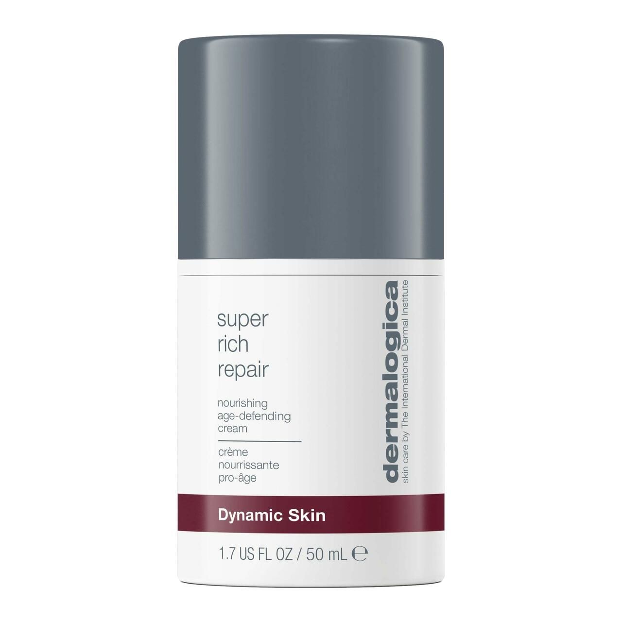 Flacone cilindrico con coperchio grigio. Testo: Super Rich Repair, Dynamic Skin, Dermalogica.