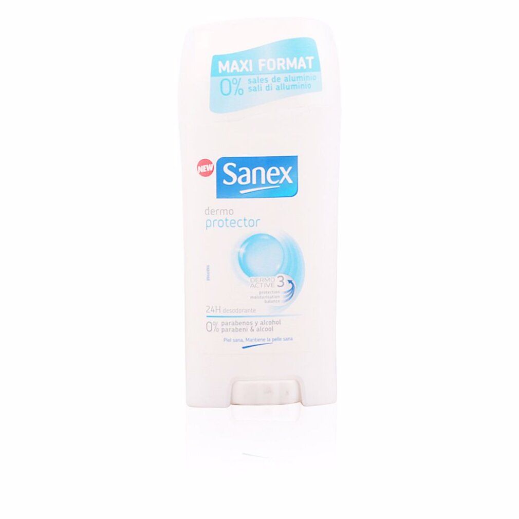 Stick deodorante Sanex Dermo Protector. Stick bianco con logo e testo blu. Formato Maxi. 0% sali di alluminio.