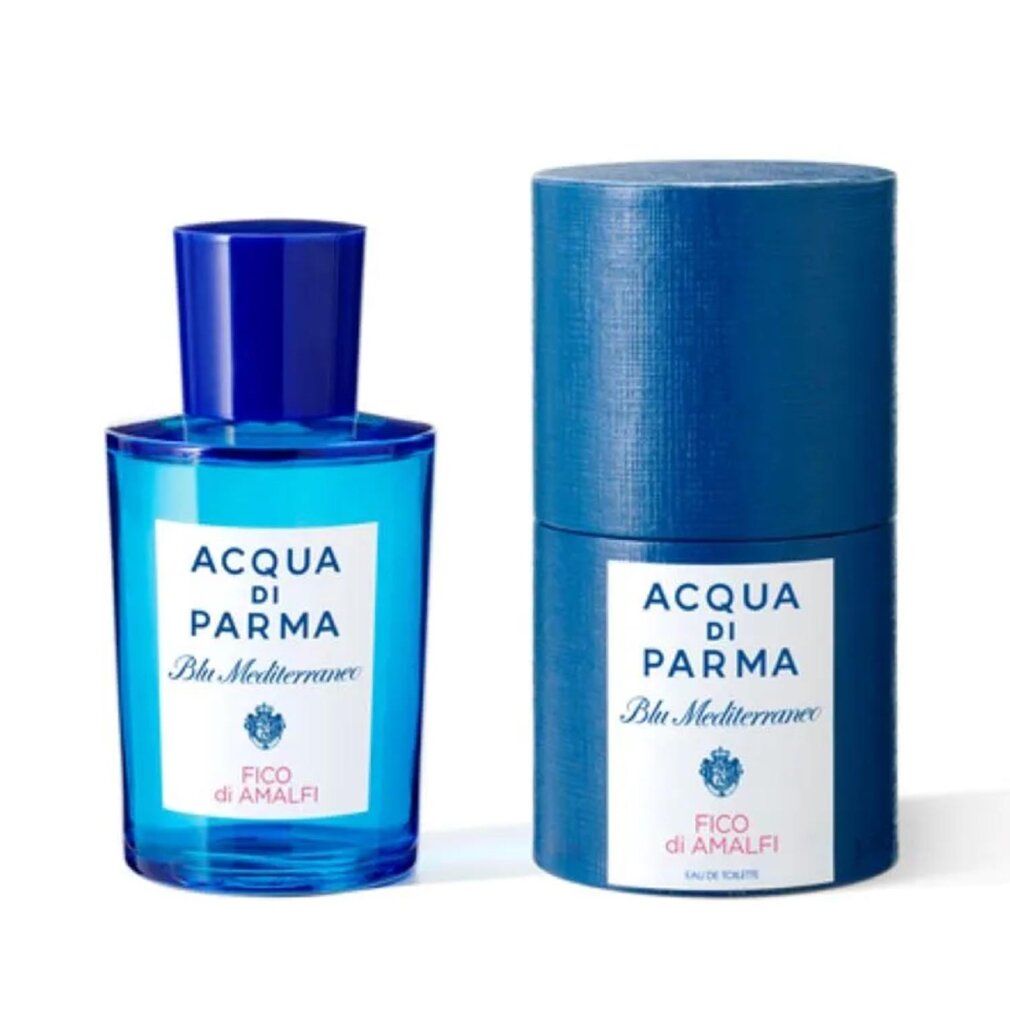 Flacone di profumo blu e confezione cilindrica. L'etichetta riporta 'Acqua di Parma Blu Mediterraneo Fico di Amalfi'.