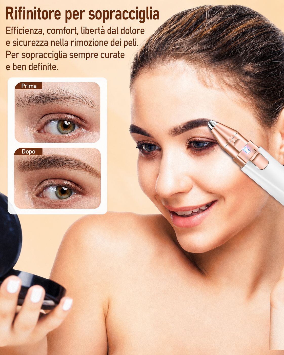 Rifinitore per sopracciglia. Dispositivo bianco con dettagli dorati. Donna che usa il dispositivo. Confronto prima/dopo delle sopracciglia.
