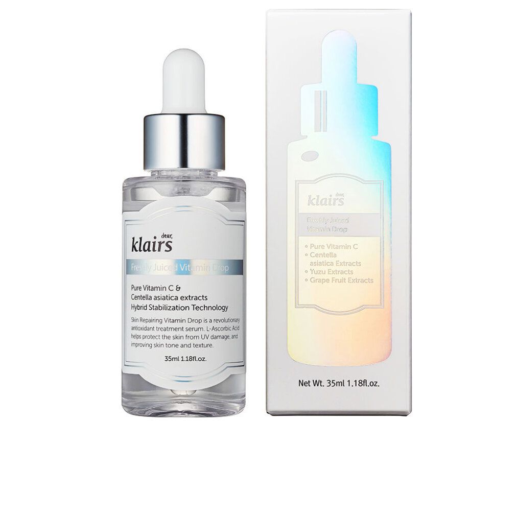 Flacone di siero Klairs con confezione. Vetro trasparente, tappo argentato, etichetta bianca. Testo: Freshly Juiced Vitamin Drop.