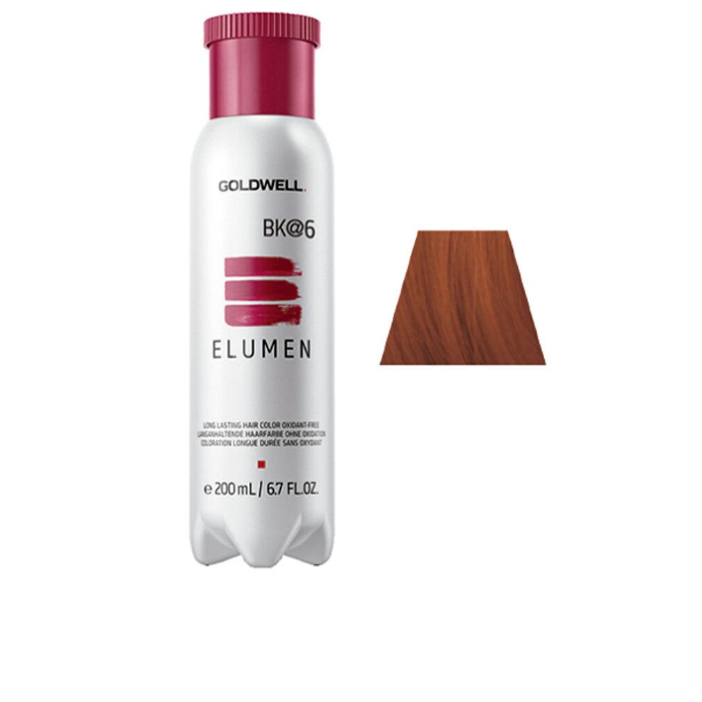 Flacone di colore per capelli bianco, tappo rosso. Scritta: GOLDWELL, BK@6, ELUMEN. Campione colore a destra.