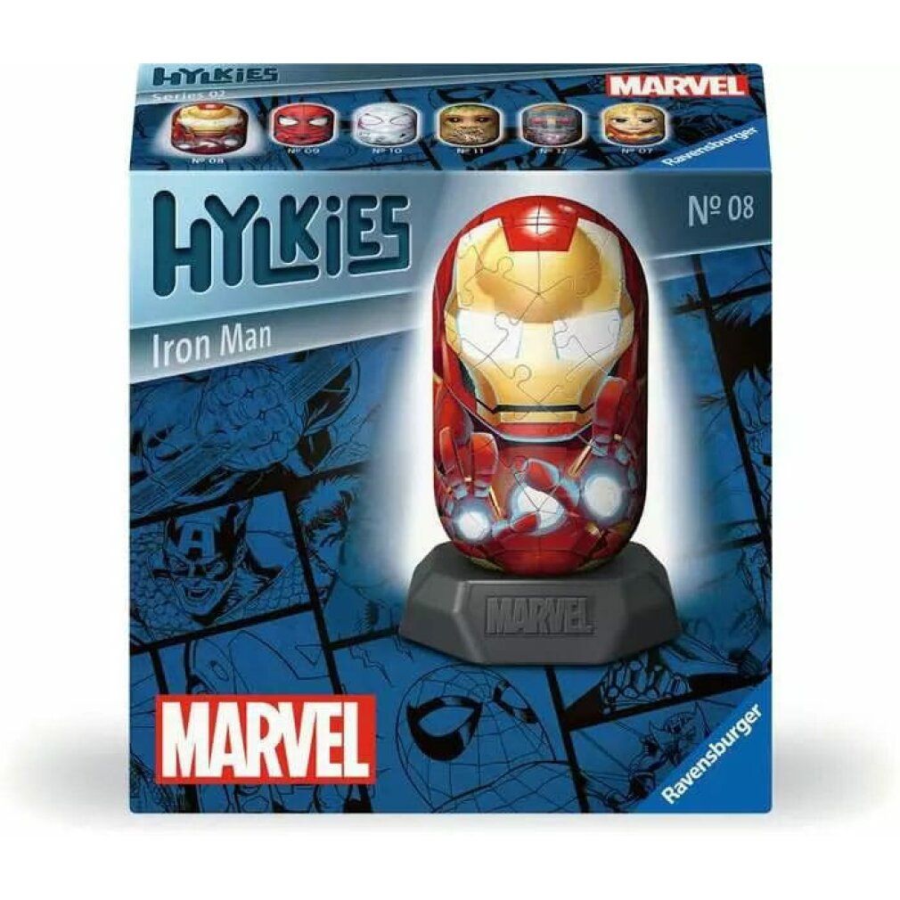 Confezione puzzle 3D Iron Man. Mostra il puzzle sulla base e altri personaggi. Loghi Marvel e Hylkies.