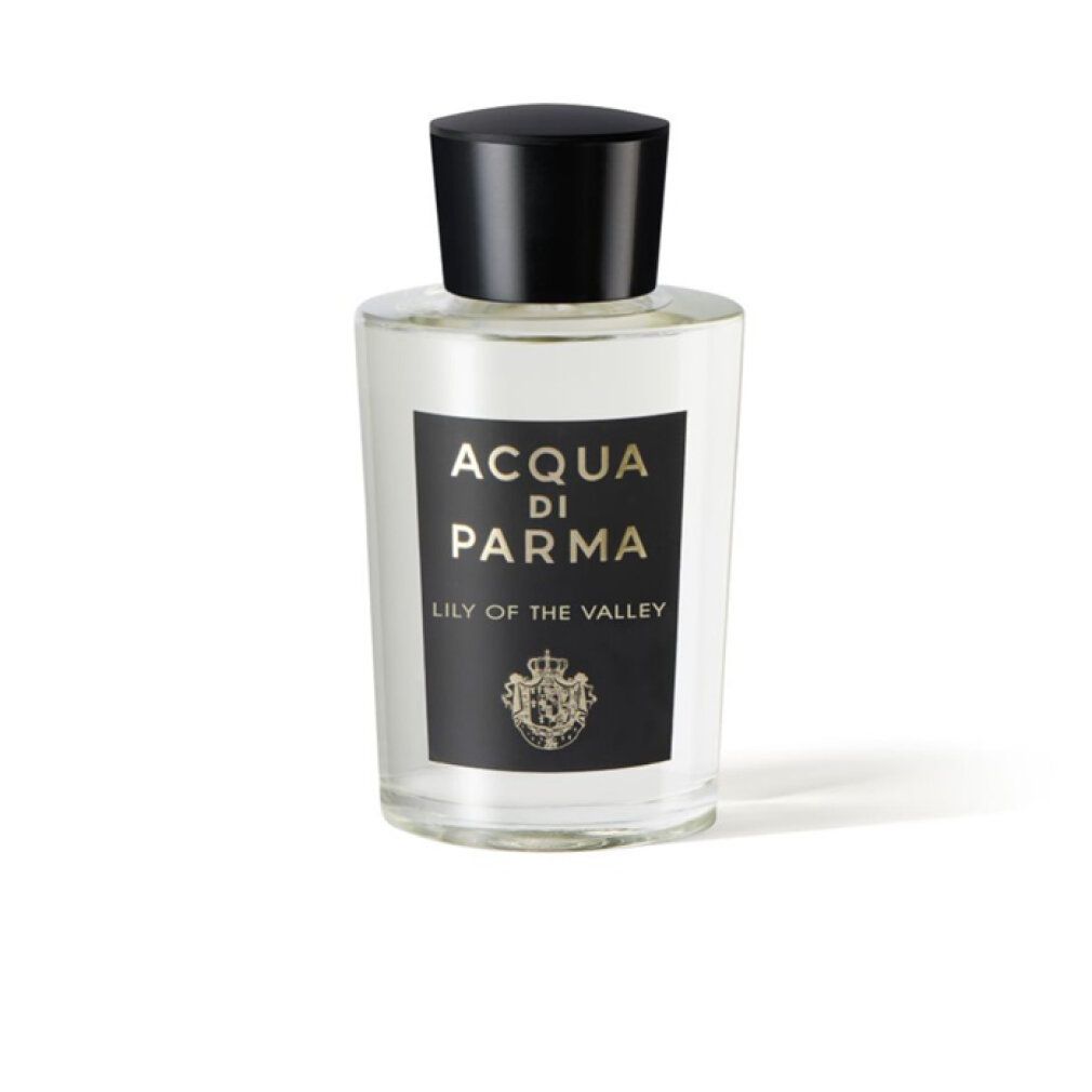 Flacone in vetro con tappo nero. Scritta: Acqua Di Parma, Lily Of The Valley. Logo. Contenuto trasparente.