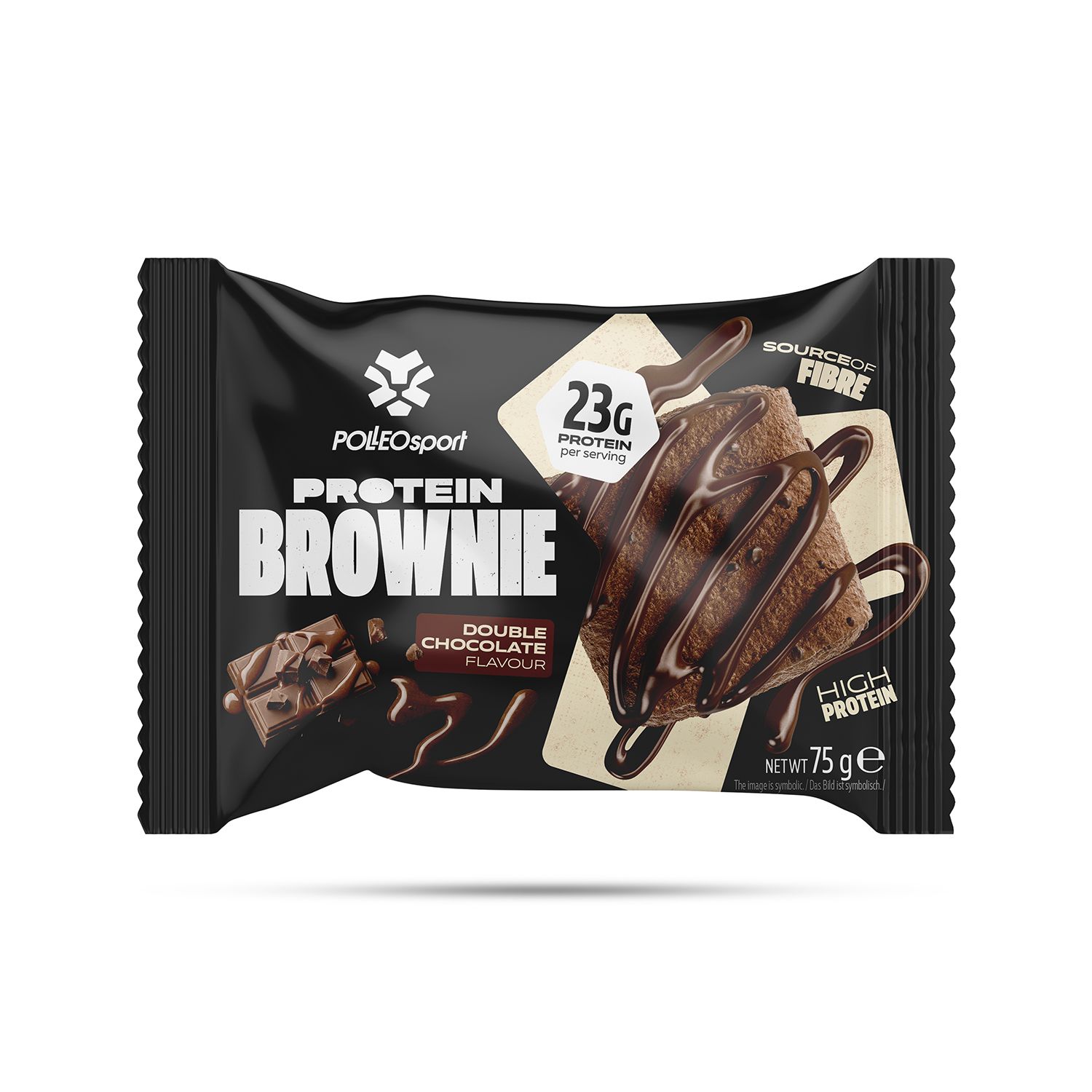 Confezione singola di barretta proteica. Scritta: PolleoSport, Protein Brownie, 23g proteine, Double Chocolate.