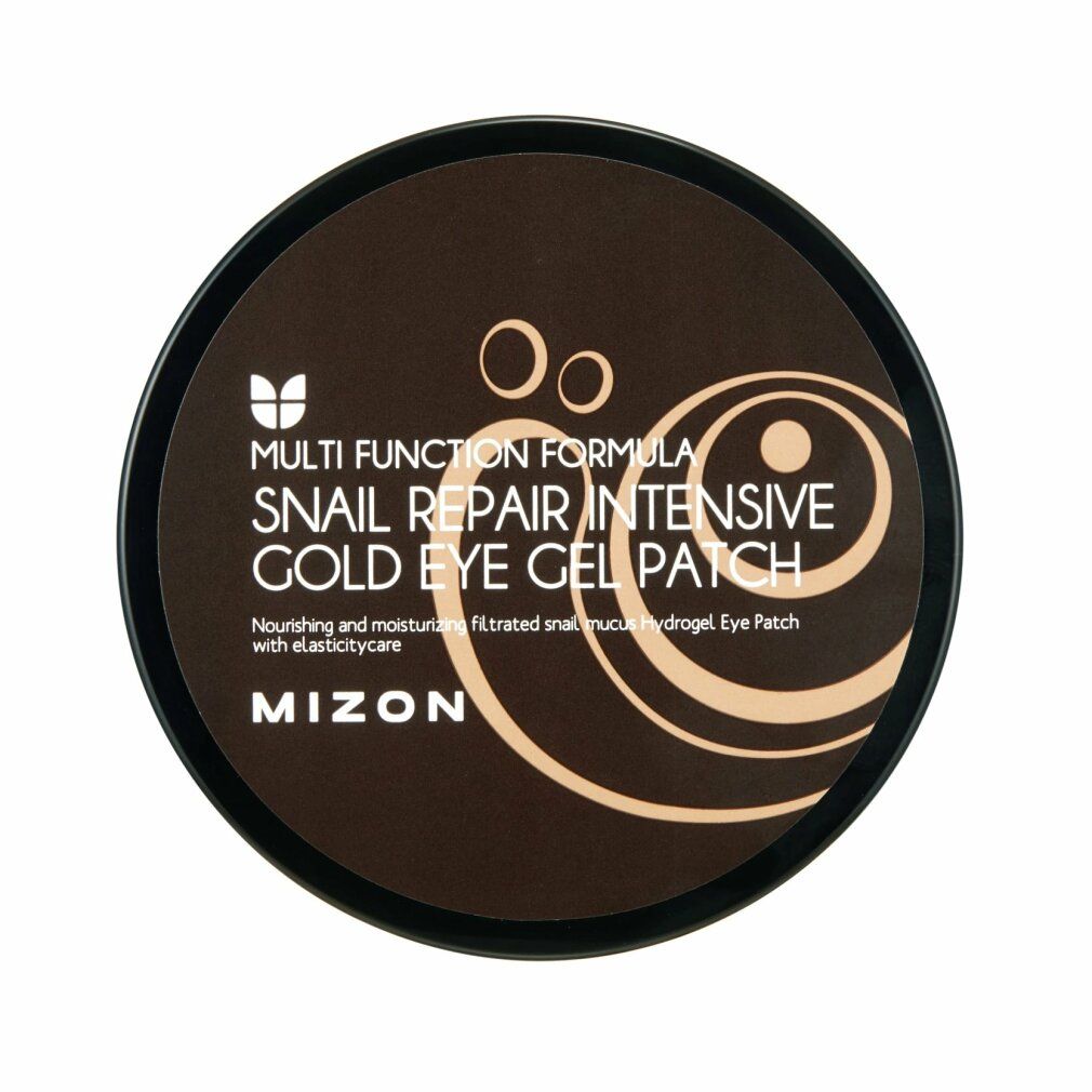Barattolo aperto con coperchio. Sul coperchio: Multi Function Formula, Snail Repair Intensive Gold Eye Gel Patch, Mizon. Sfondo marrone.