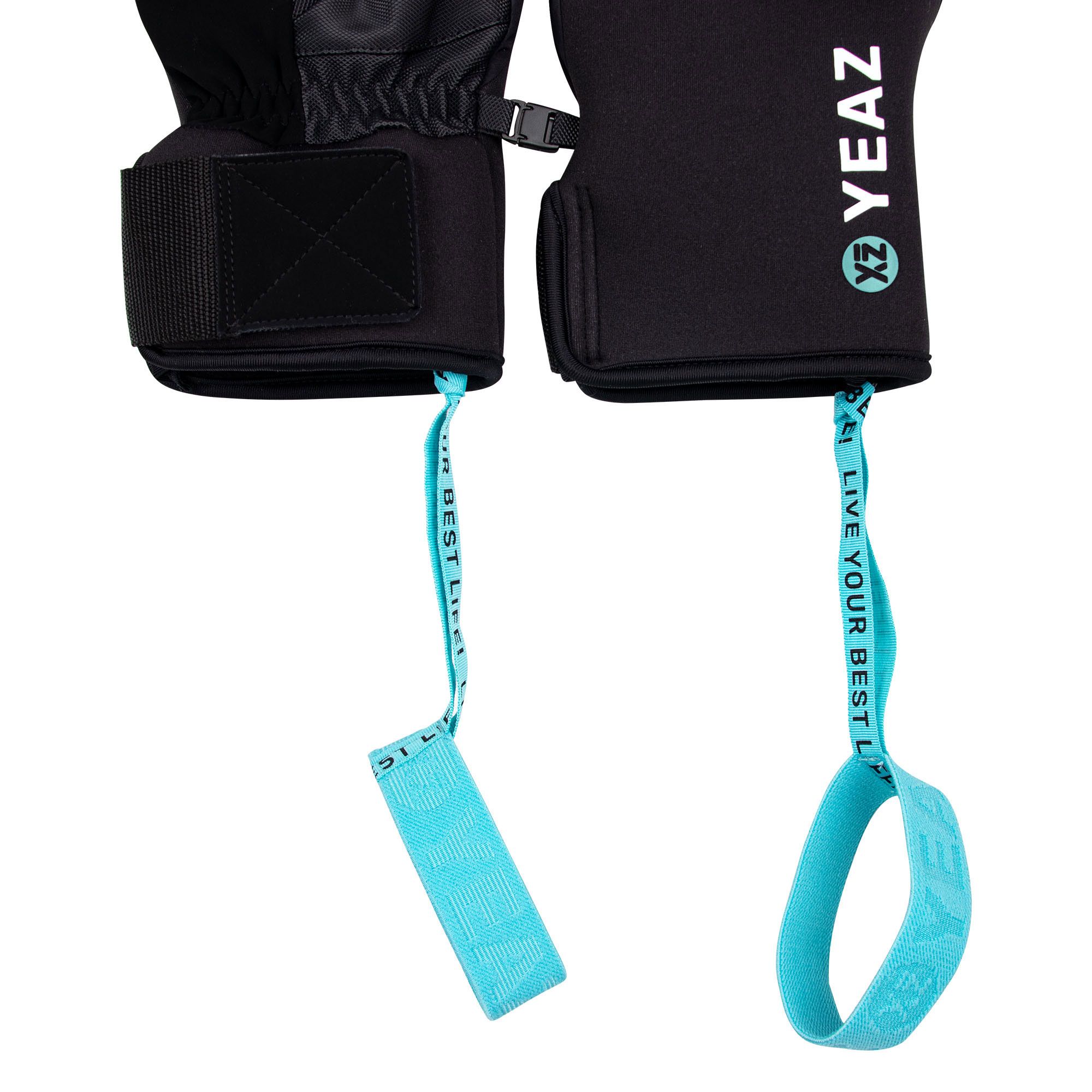 Guanti neri con cinghie blu e chiusura in velcro. Logo YEA Z su un guanto.