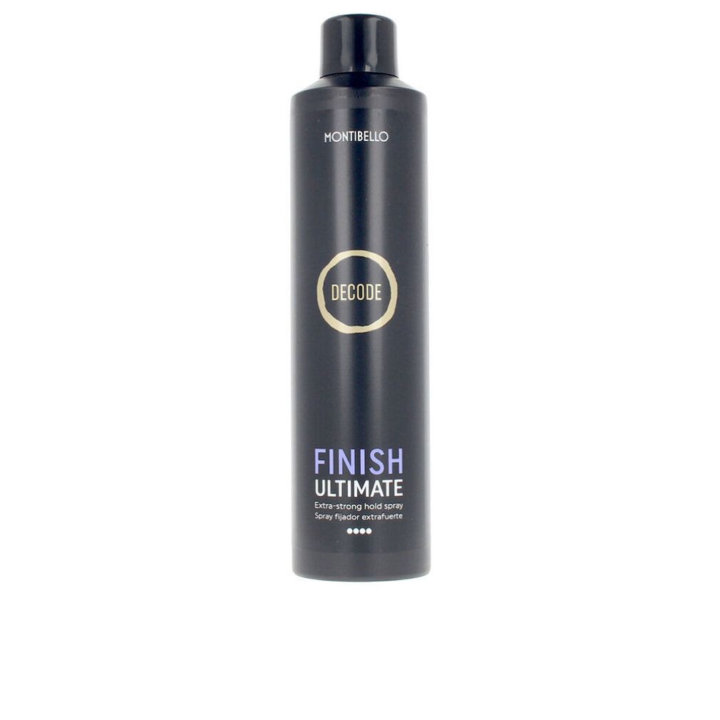 Flacone spray nero con tappo nero. Scritte: Montibello, Decode, Finish Ultimate. Lacca per capelli extra forte.