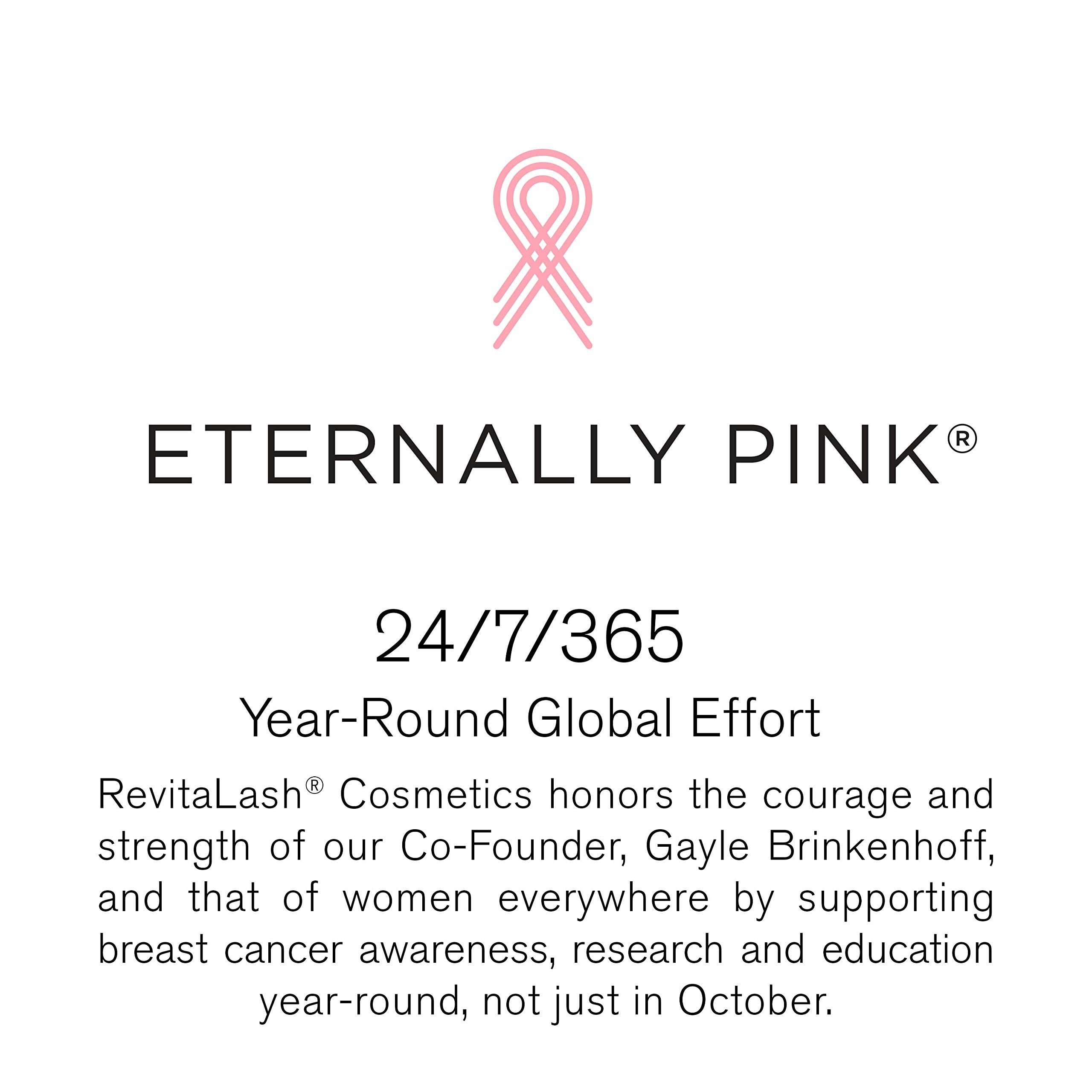 Fiocco rosa e testo: Eternally Pink. Testo sulla consapevolezza del cancro al seno e Revitalash.