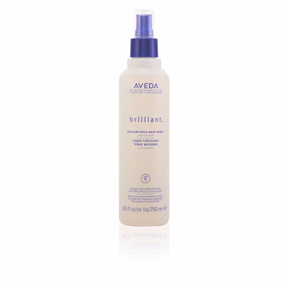 Aveda Brilliant Spray. Flacone con erogatore spray. Testo: brilliant, Medium Hold Hair Spray. 250 ml.