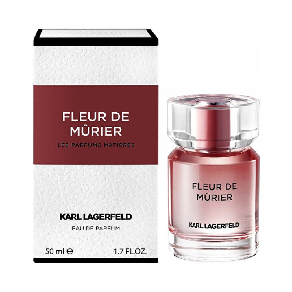 Flacone Fleur De Mûrier Karl Lagerfeld con confezione. Design bianco e rosso. 50 ml, 1.7 FL.OZ. Testo visibile.