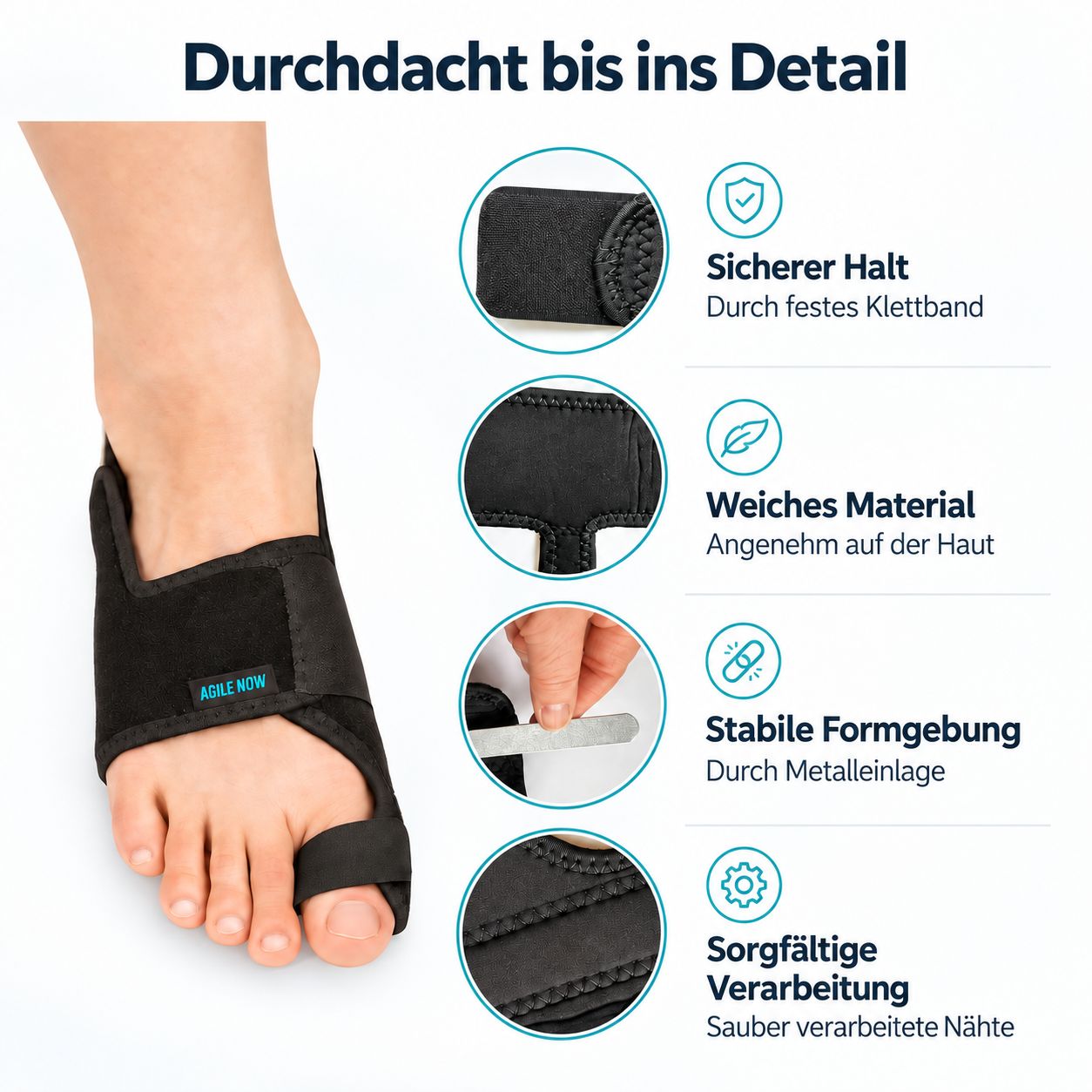 Bendaggio correttivo AGILE NOW Hallux Valgus con velcro, inserto metallico e lavorazione accurata.