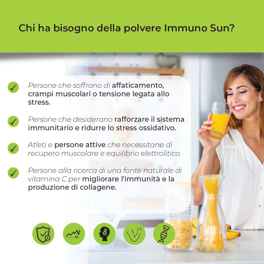 Donna con bicchiere di succo. Testo: Chi ha bisogno di Immuno Sun Powder? Persone affaticate, sportivi, persone stressate.