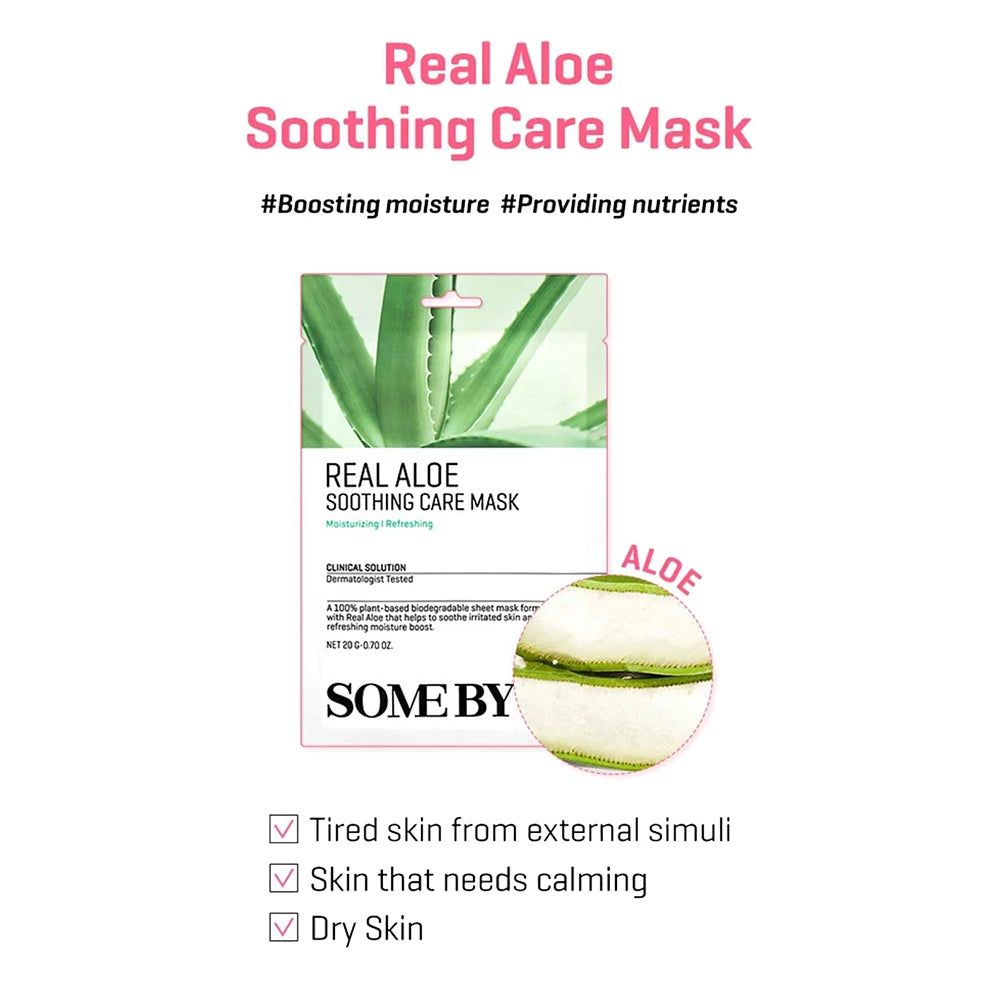 Confezione SOMEBYMI Real Aloe Soothing Care Mask. Testo: Real Aloe Soothing Care Mask, #Boosting moisture #Providing nutrients.