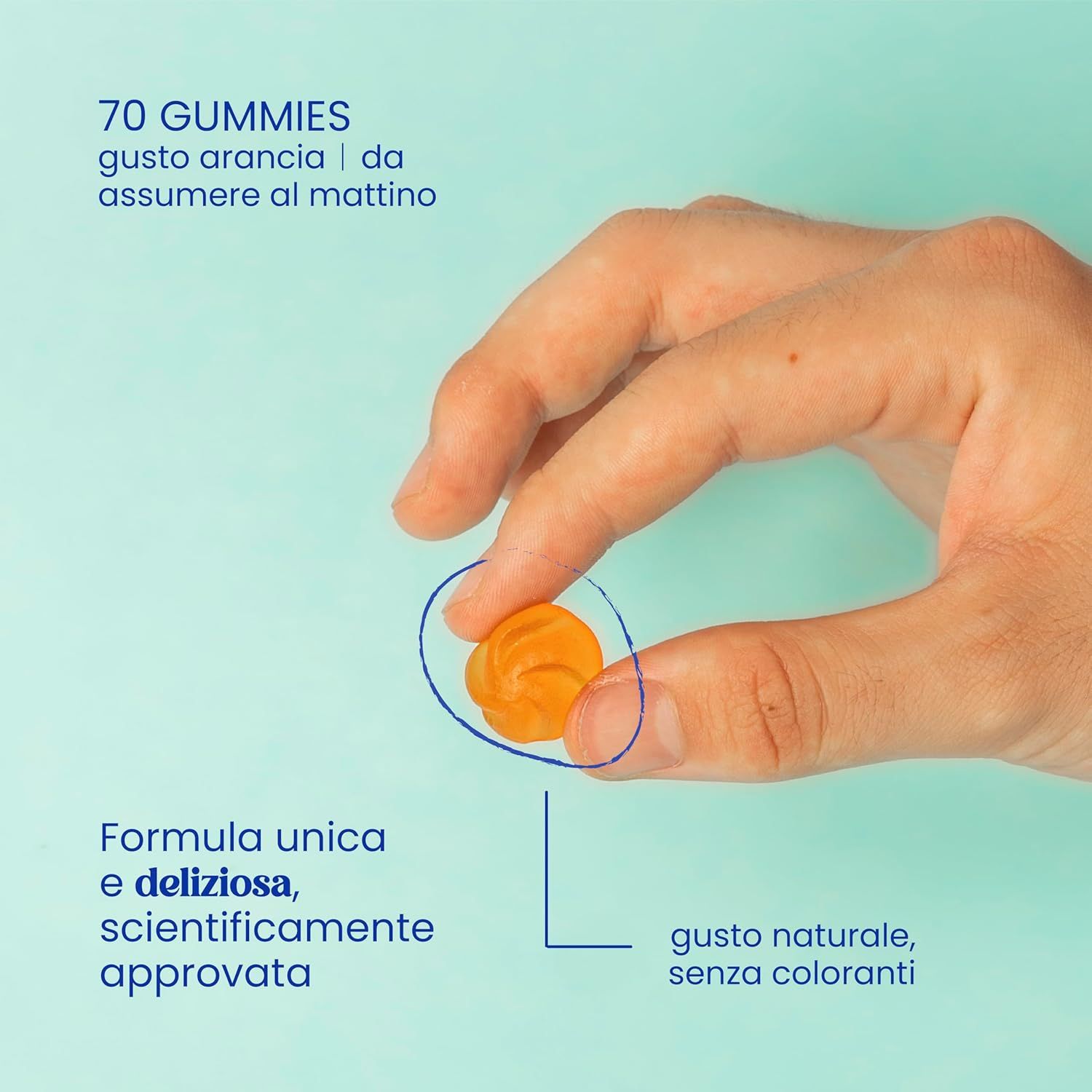 Mano che tiene un singolo gummy Omega 3. Testo: 70 gummies, gusto arancia, da assumere al mattino. Scientificamente approvato.