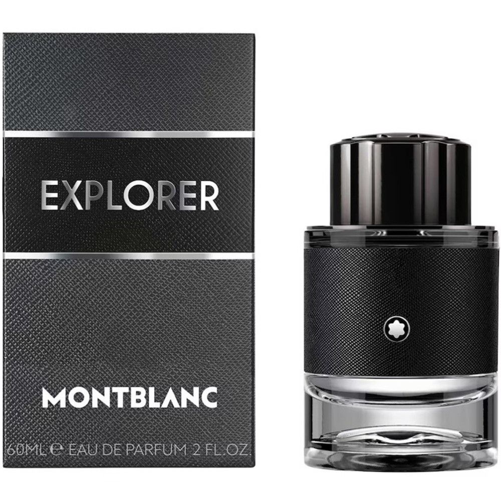 Flacone e confezione Montblanc Explorer Eau de Parfum. Nero, dettagli argento. Scritte: Explorer, Montblanc, 60ml.