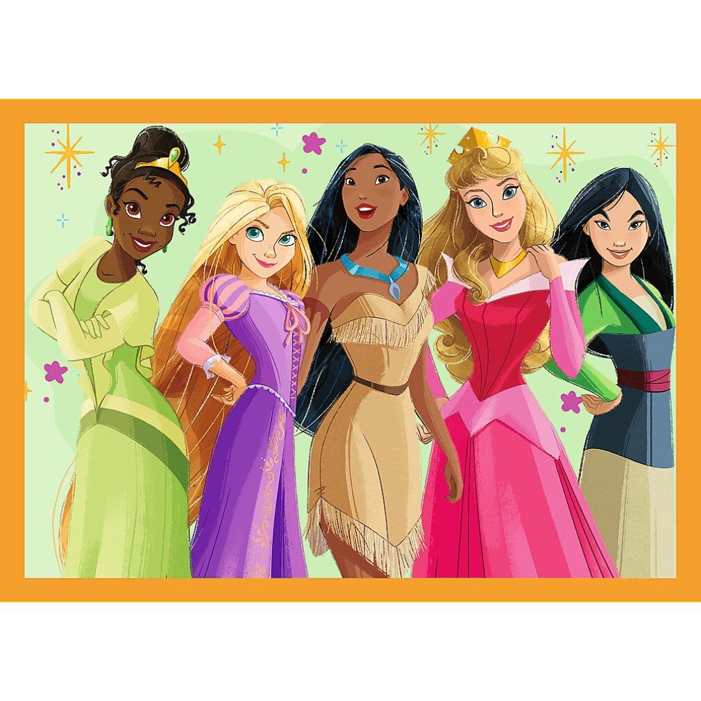 Puzzle con cinque principesse Disney. Tiana, Rapunzel, Pocahontas, Aurora e Mulan. Sfondo: stelle e colore verde.