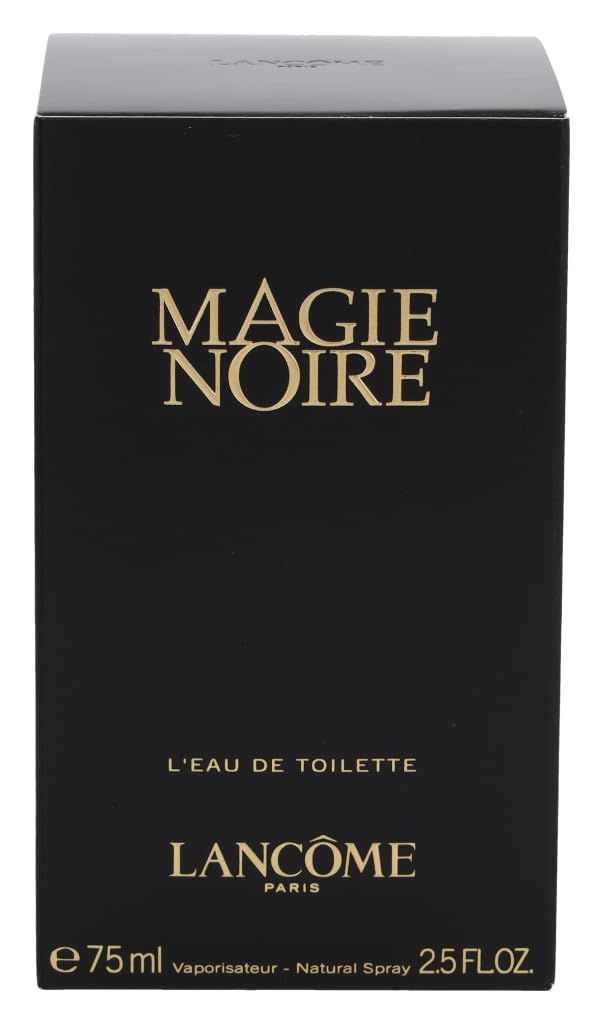 Scatola nera di Lancôme Magie Noire Eau de Toilette. Scritta dorata. Testo: L'Eau de Toilette, Lancôme Paris, e 75 ml, 2.5 FL.OZ.