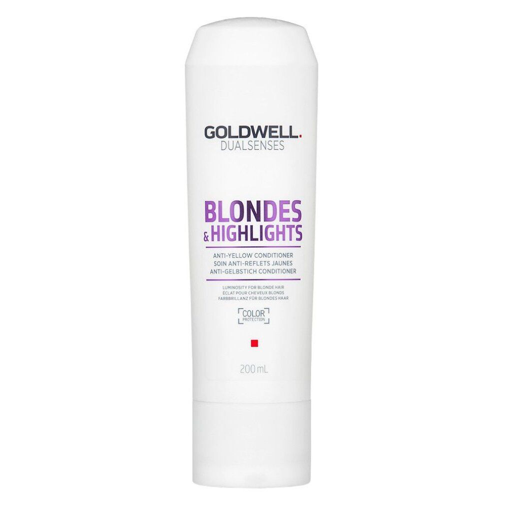 Tubo bianco Goldwell Blondes & Highlights Anti-Yellow Conditioner. Testo viola. 200ml.