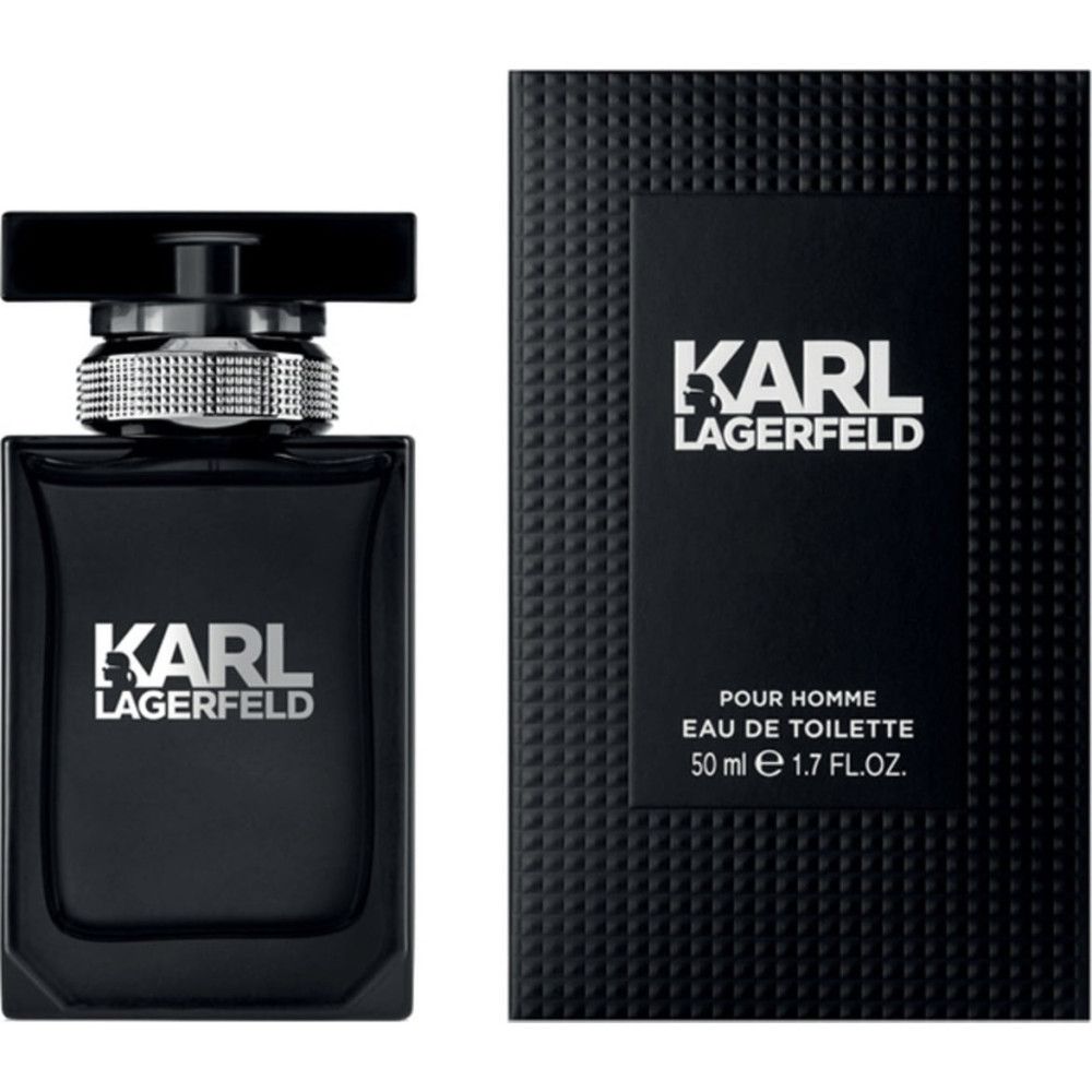 Flacone e confezione neri. Scritta: KARL LAGERFELD. Eau de Toilette. 50 ml.