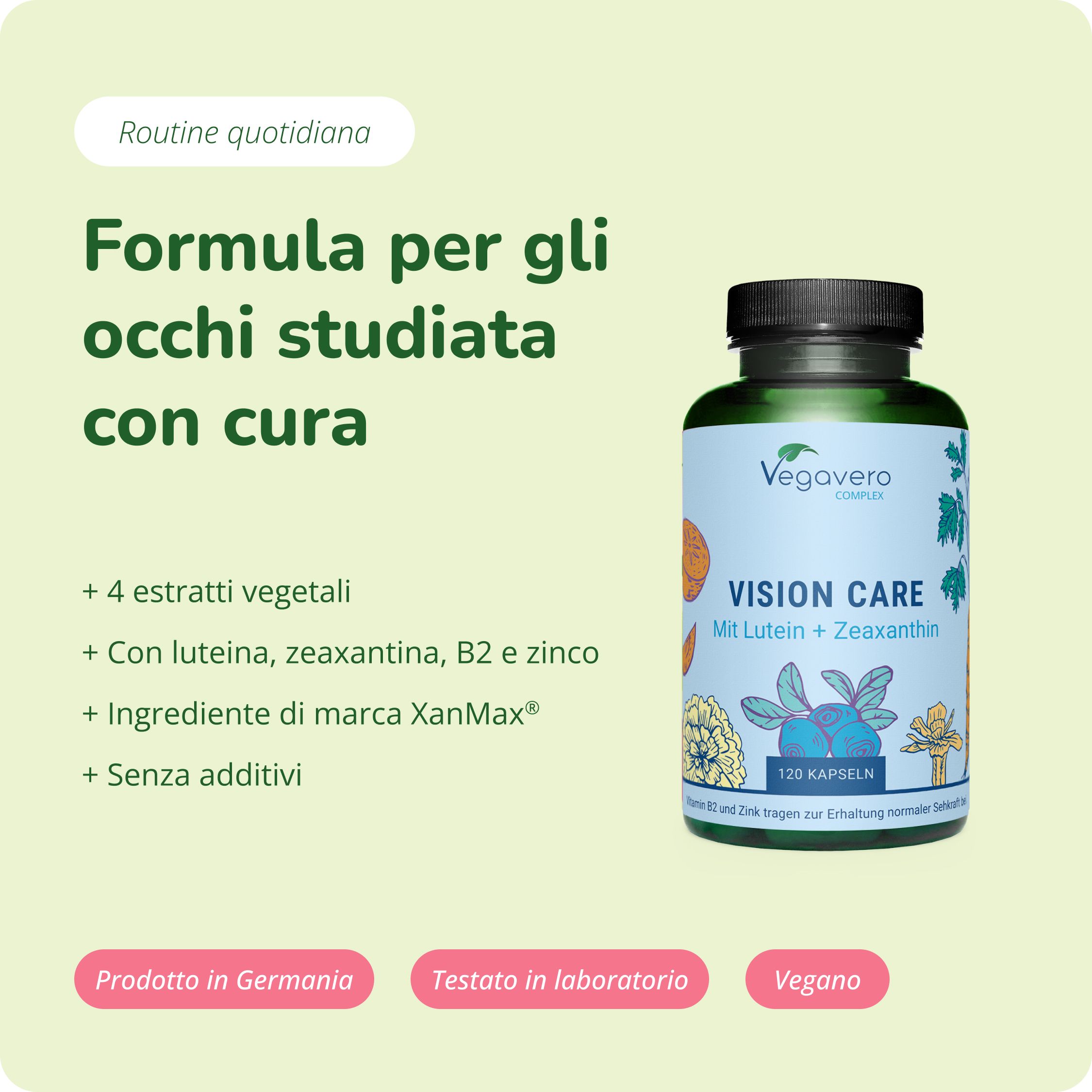 Vegavaro Vision Care Complex: 4 estratti vegetali, Luteina, Zeaxantina, B2, Zinco, XanMax.