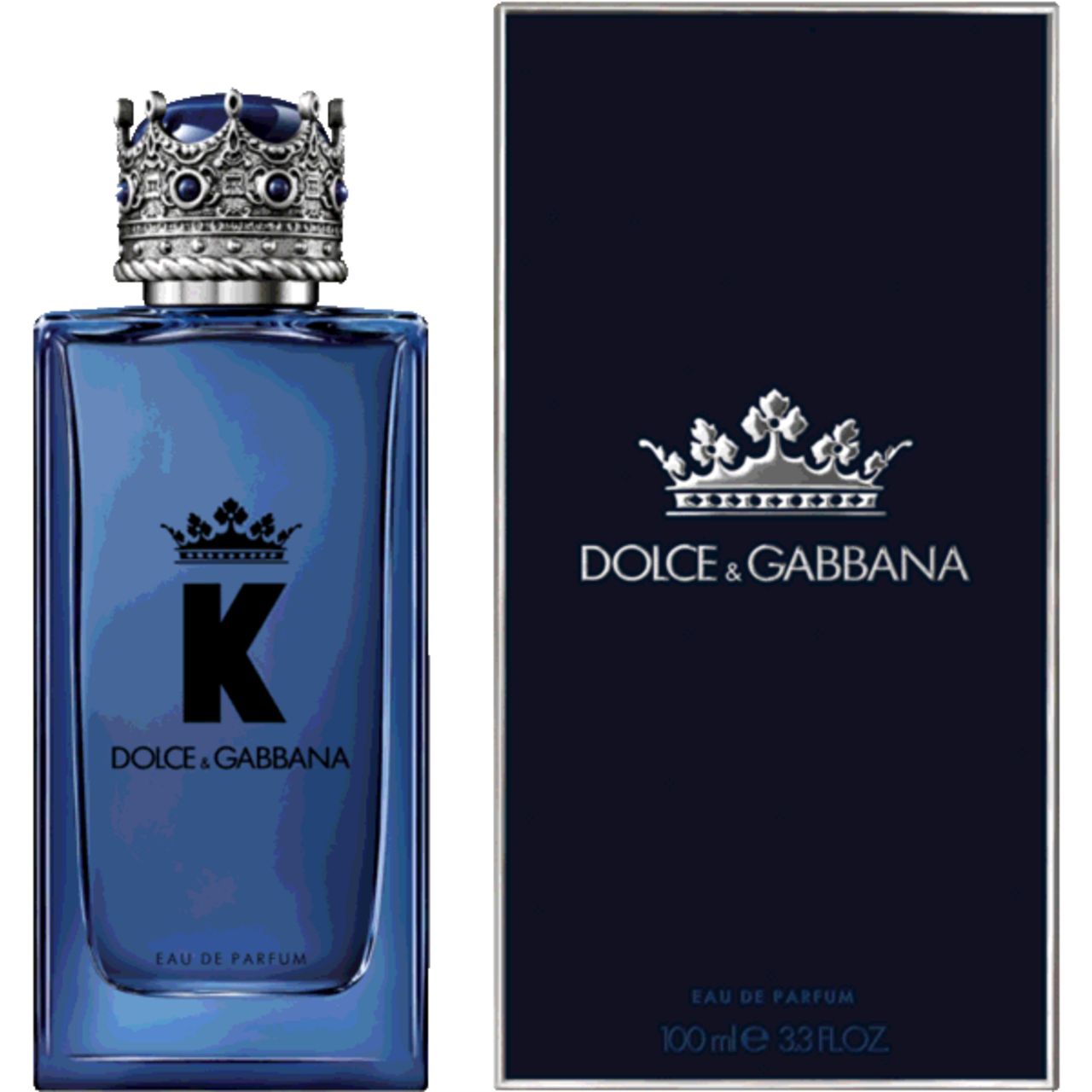Flacone di profumo blu e scatola. Flacone con corona, "K" e "Dolce & Gabbana". Scatola con logo e testo.