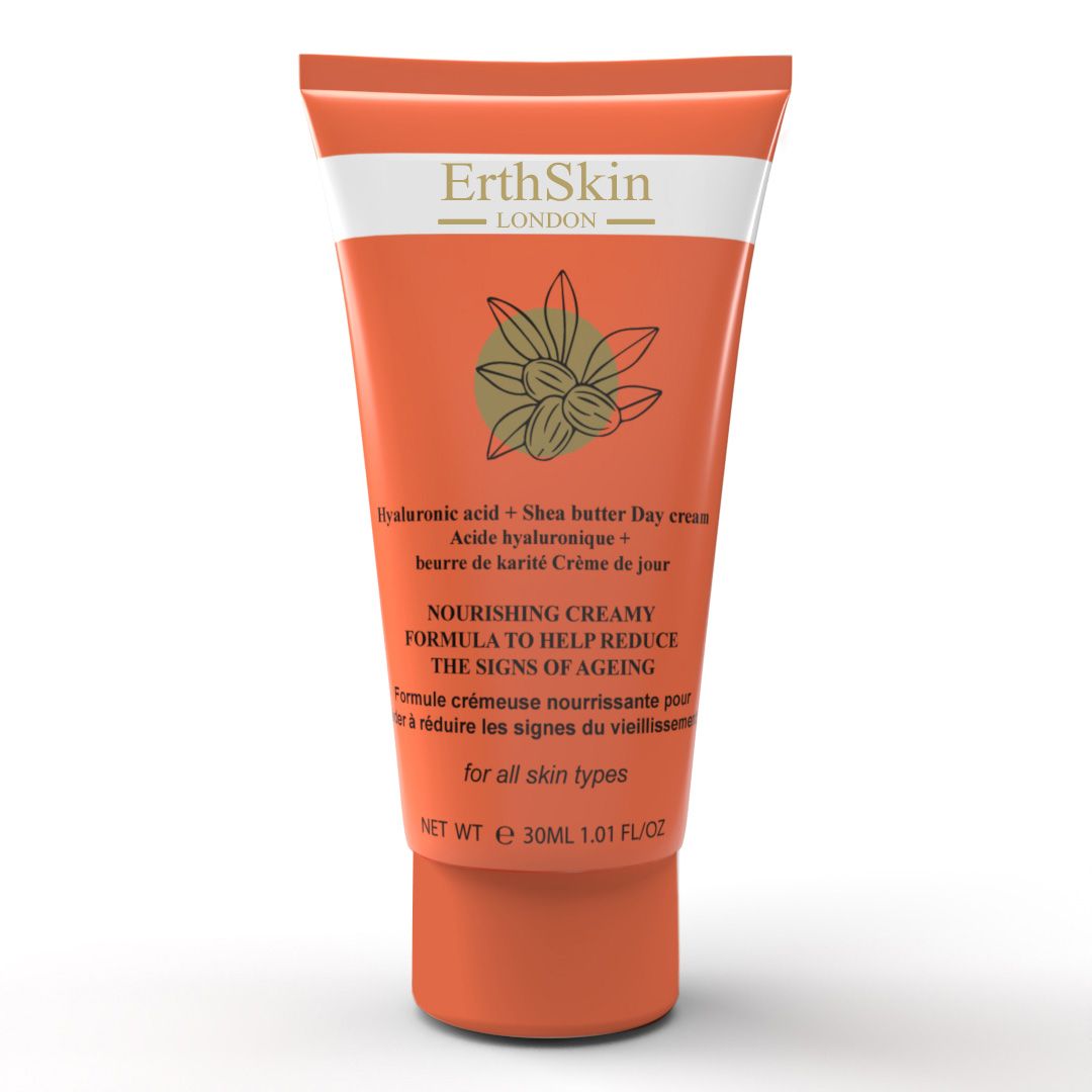 Tubo arancione e bianco. Testo: ErthSkin London, crema giorno acido ialuronico + burro di karité. Vista del prodotto.