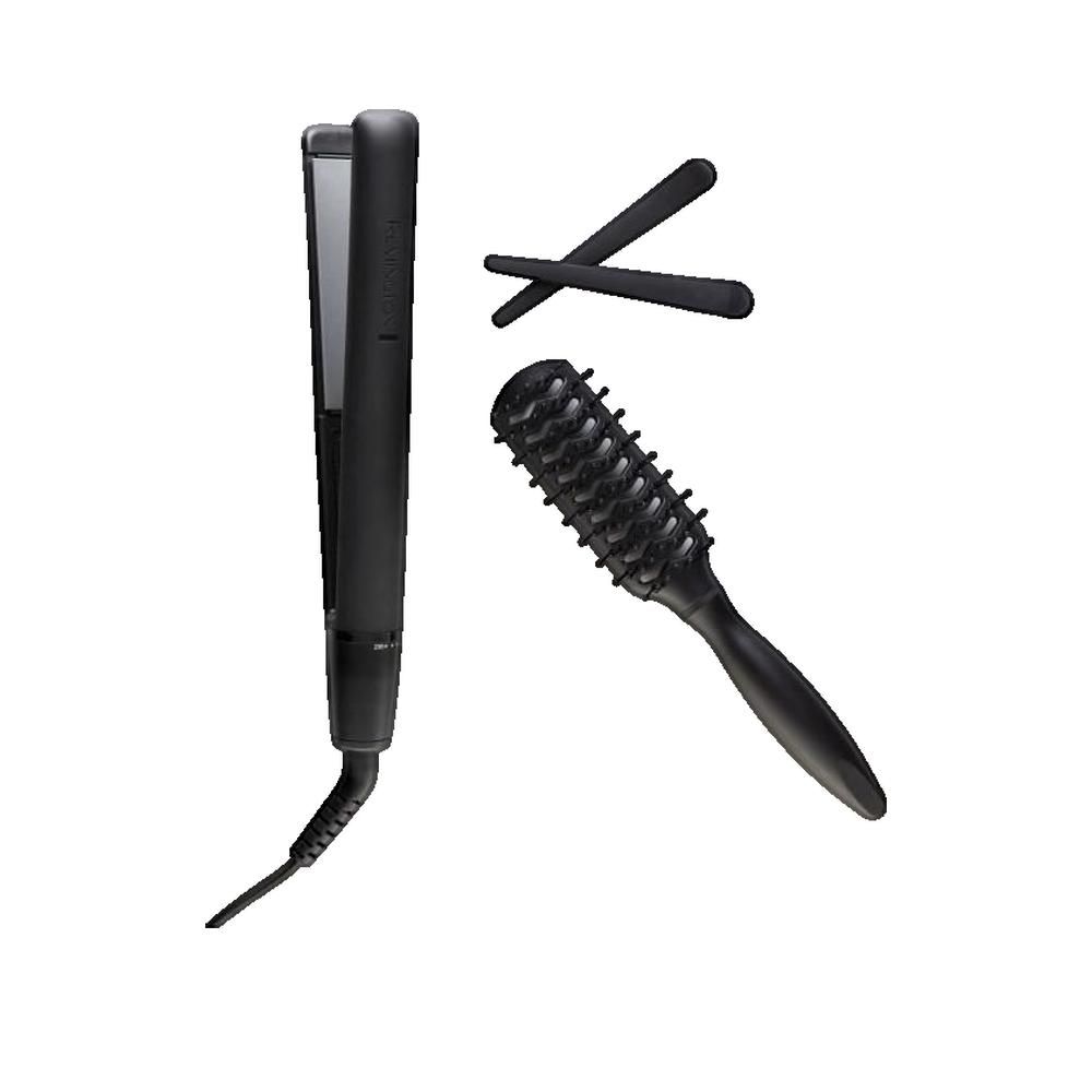 Piastra per capelli nera, spazzola e due clip. La piastra è stretta. La spazzola ha un manico e setole.