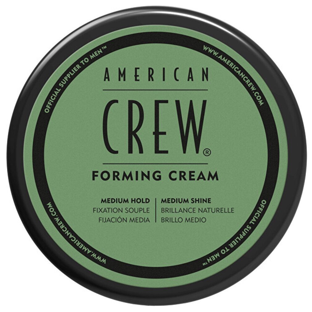 Barattolo con coperchio verde. Scritta: AMERICAN CREW FORMING CREAM. Testo: MEDIUM HOLD, MEDIUM SHINE.