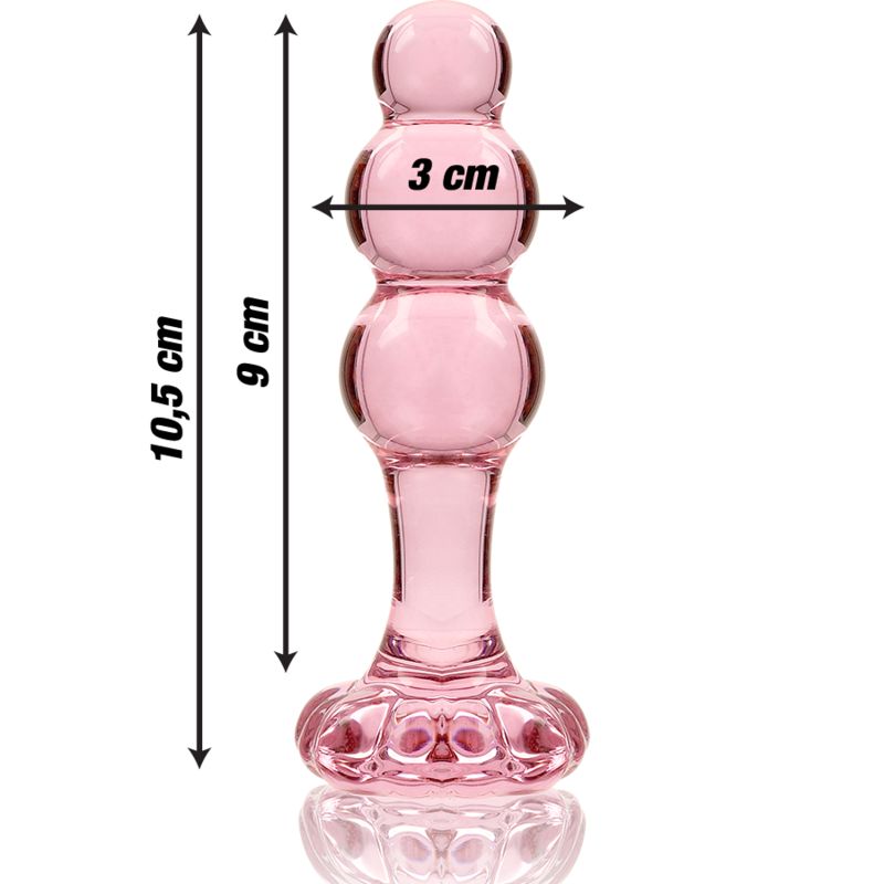 Plug anale in vetro rosa. Dimensioni: 10,5 cm lunghezza, 9 cm lunghezza, 3 cm larghezza.