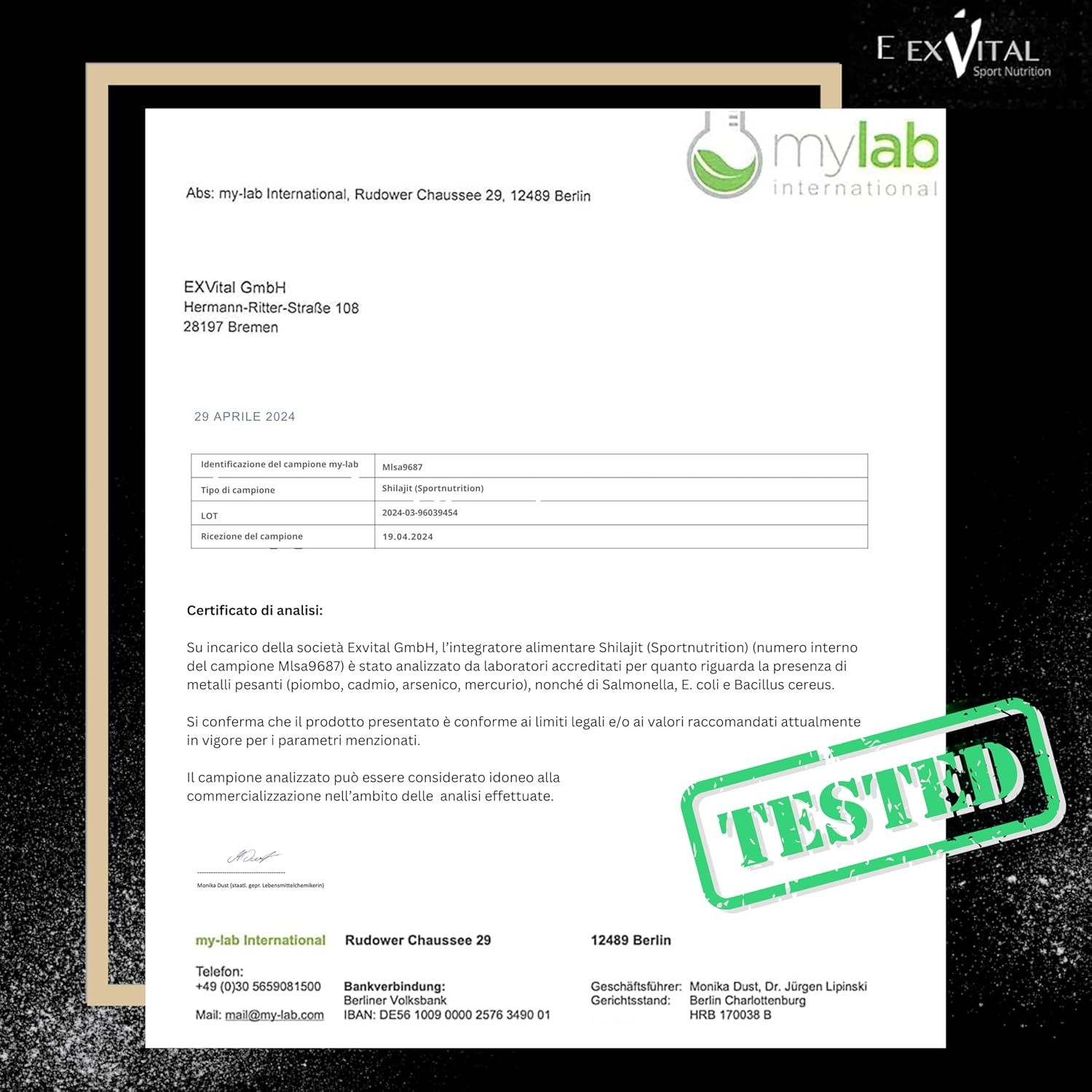 Rapporto di laboratorio mylab international. Analisi delle capsule EXVital Shilajit. Timbro Testato. Testo in italiano.