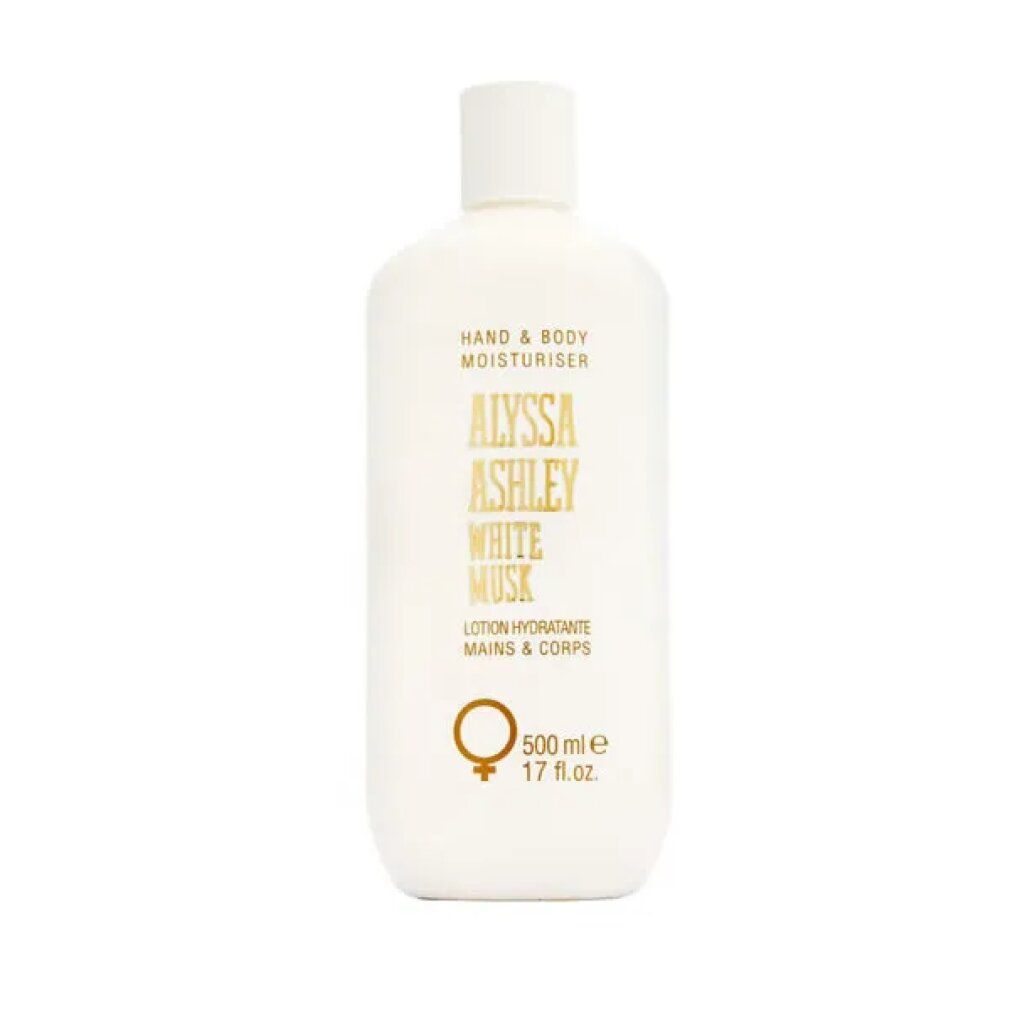 Flacone bianco "Alyssa Ashley White Musk Hand & Body Moisturiser". 500 ml. Tappo bianco.