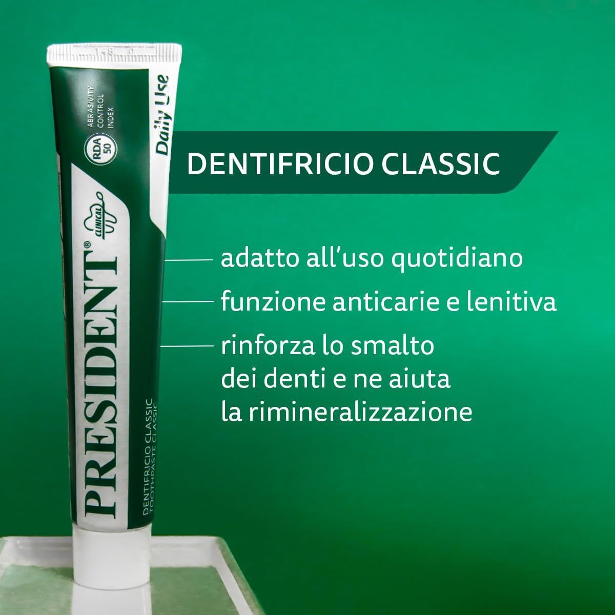 Tubo di dentifricio verde e bianco. Nome del prodotto e testo. Testo: adatto all'uso quotidiano, funzione anticari e lenitiva, rinforza lo smalto.