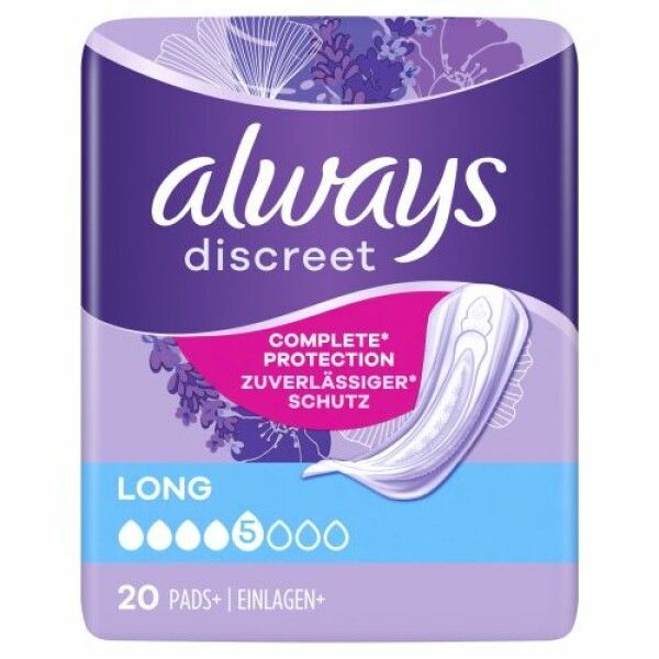 Confezione Always Discreet. Scritta: Long, 5 gocce. 20 pezzi.