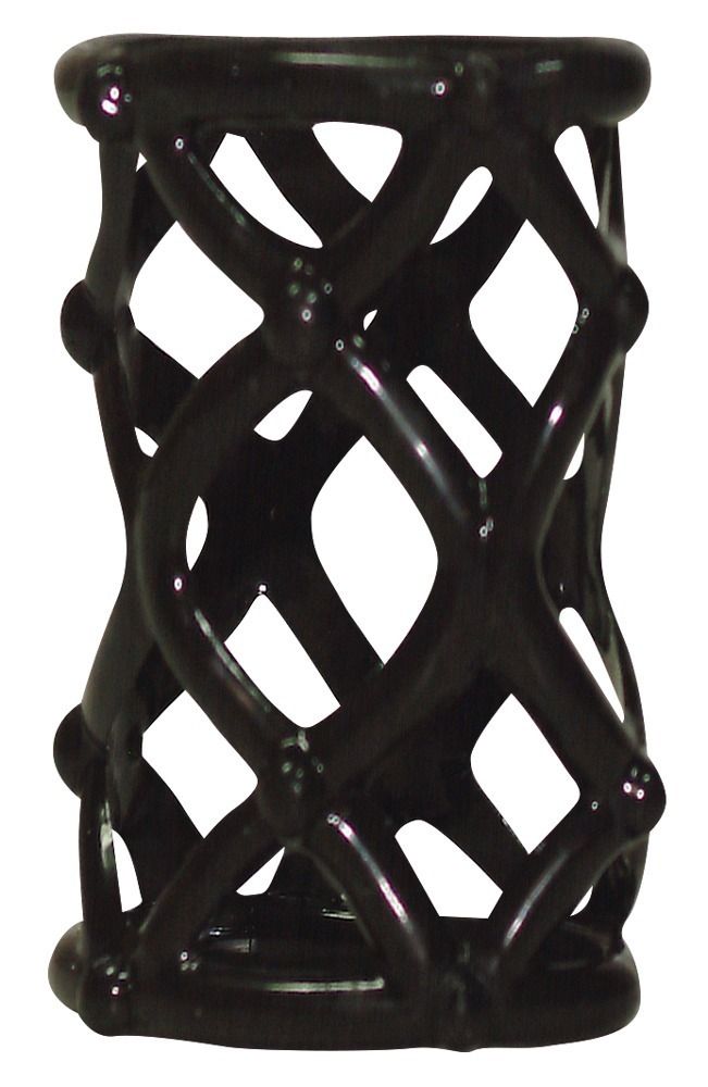 Manicotto penieno nero con struttura a griglia. Forma cilindrica con elementi curvi. Superficie lucida.