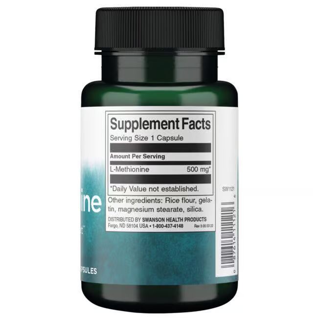 Retro del flacone verde. Etichetta con informazioni nutrizionali: L-Metionina 500 mg. Altri ingredienti.