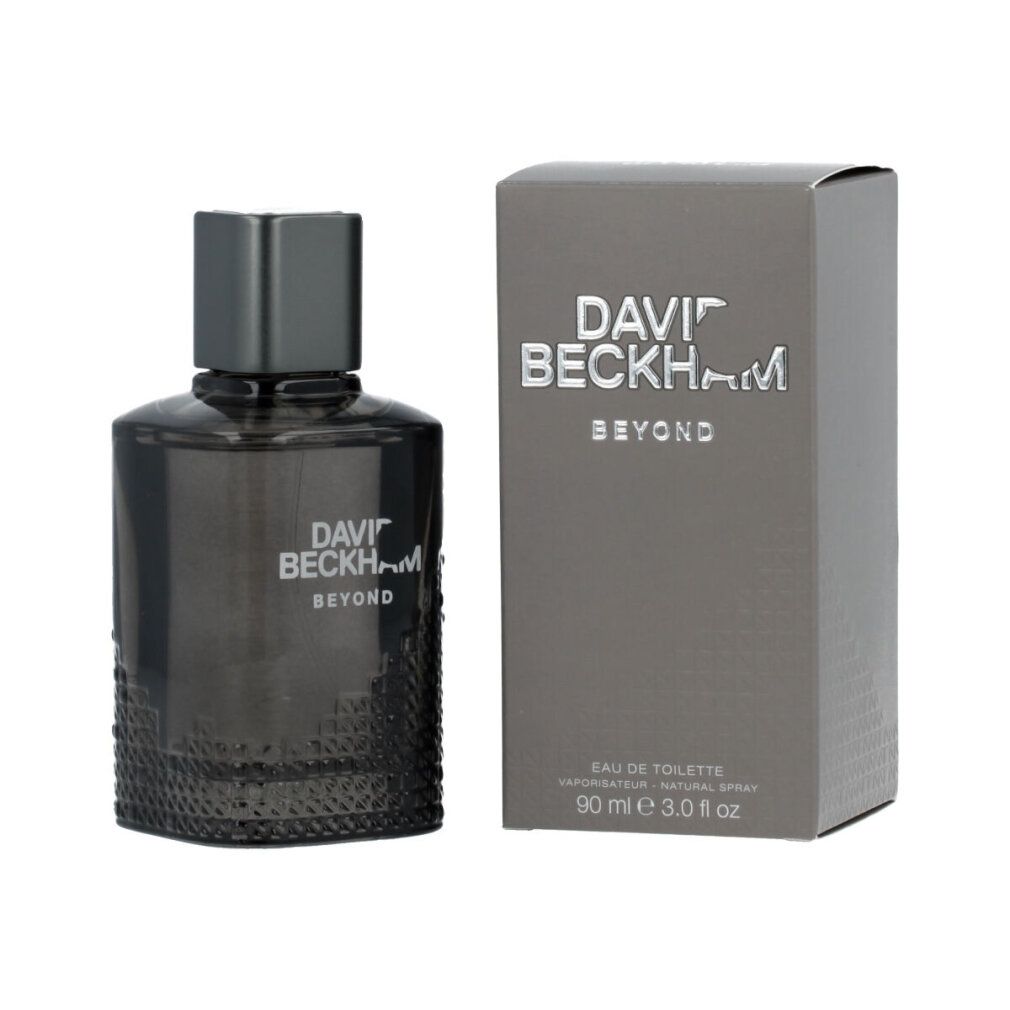 Scatola grigia e flacone. Scritta: DAVID BECKHAM BEYOND. Eau de Toilette. 90 ml.