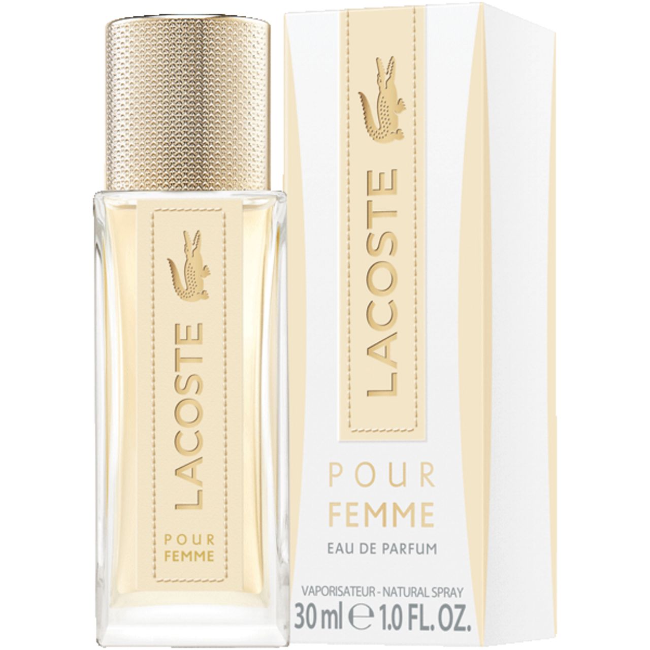 Flacone di profumo e confezione. Sulla confezione è scritto "Lacoste Pour Femme Eau de Parfum".