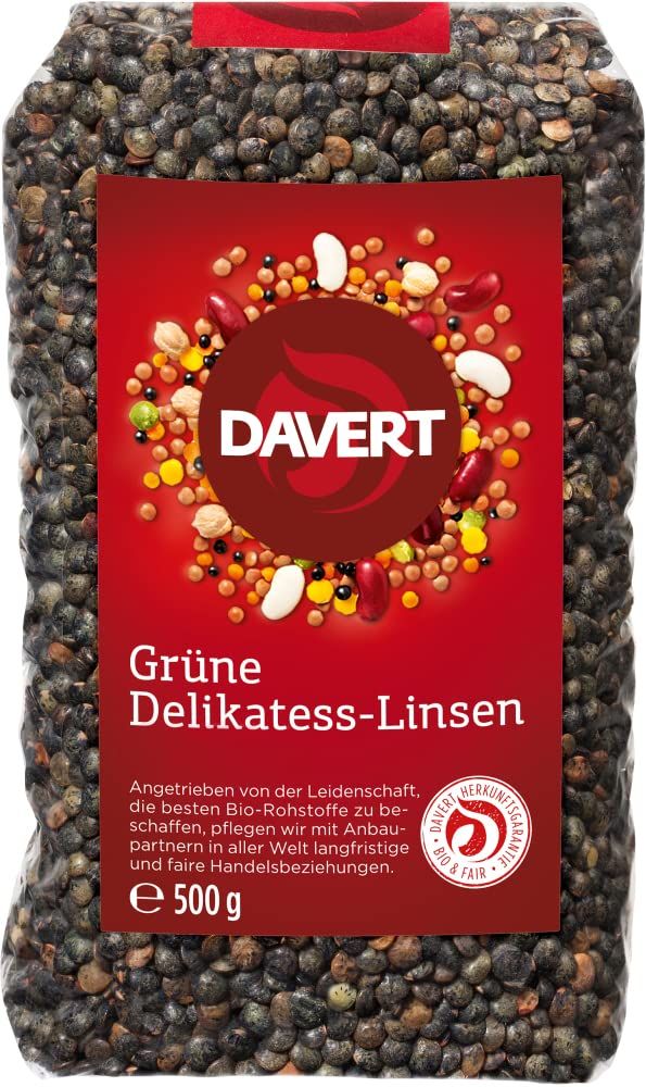 Confezione di lenticchie verdi Davert, 500g. Contiene varie lenticchie e fagioli.