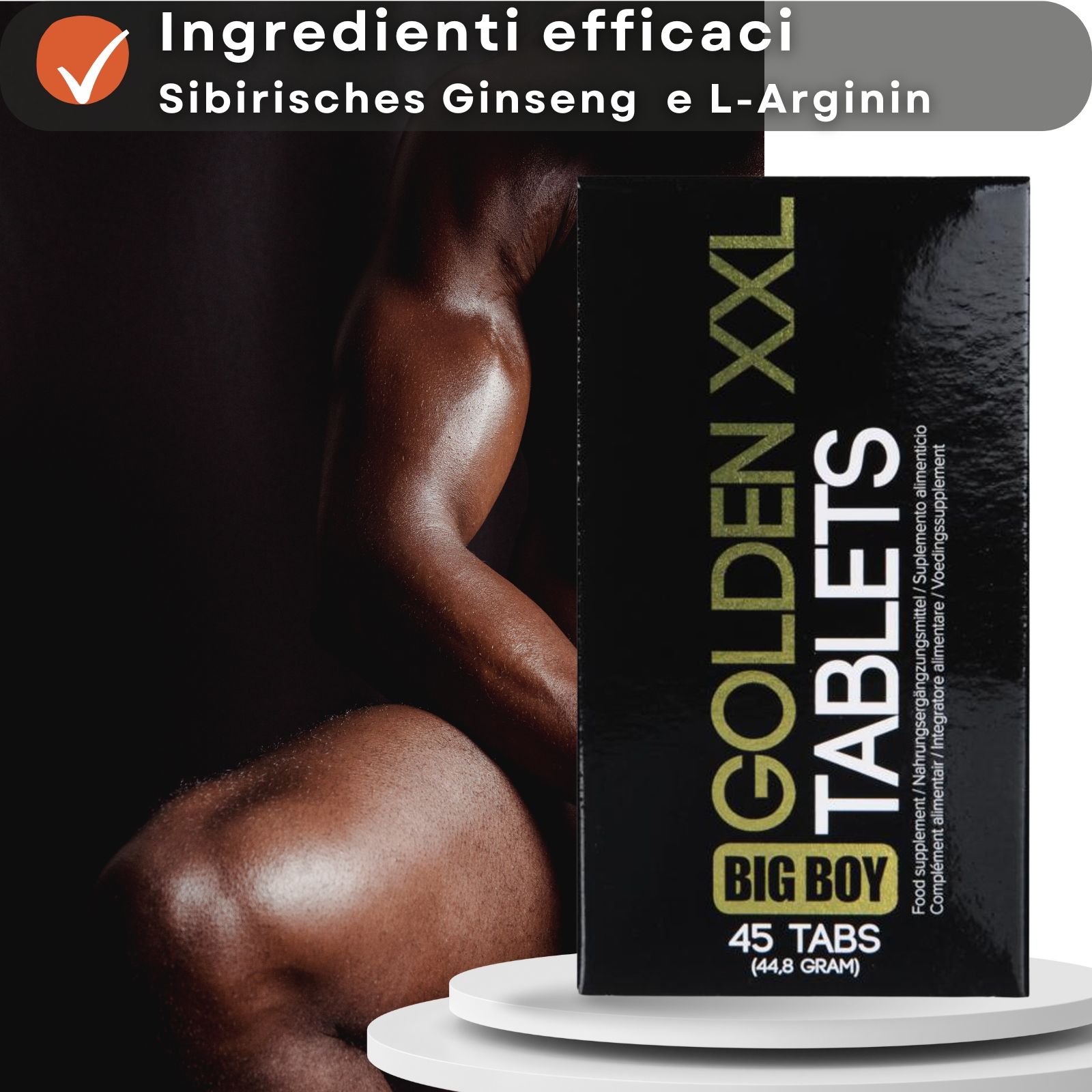 Scatola di compresse e uomo. Testo: Ingredienti efficaci, Ginseng siberiano e L-Arginina. GOLDEN XXL TABLETS.