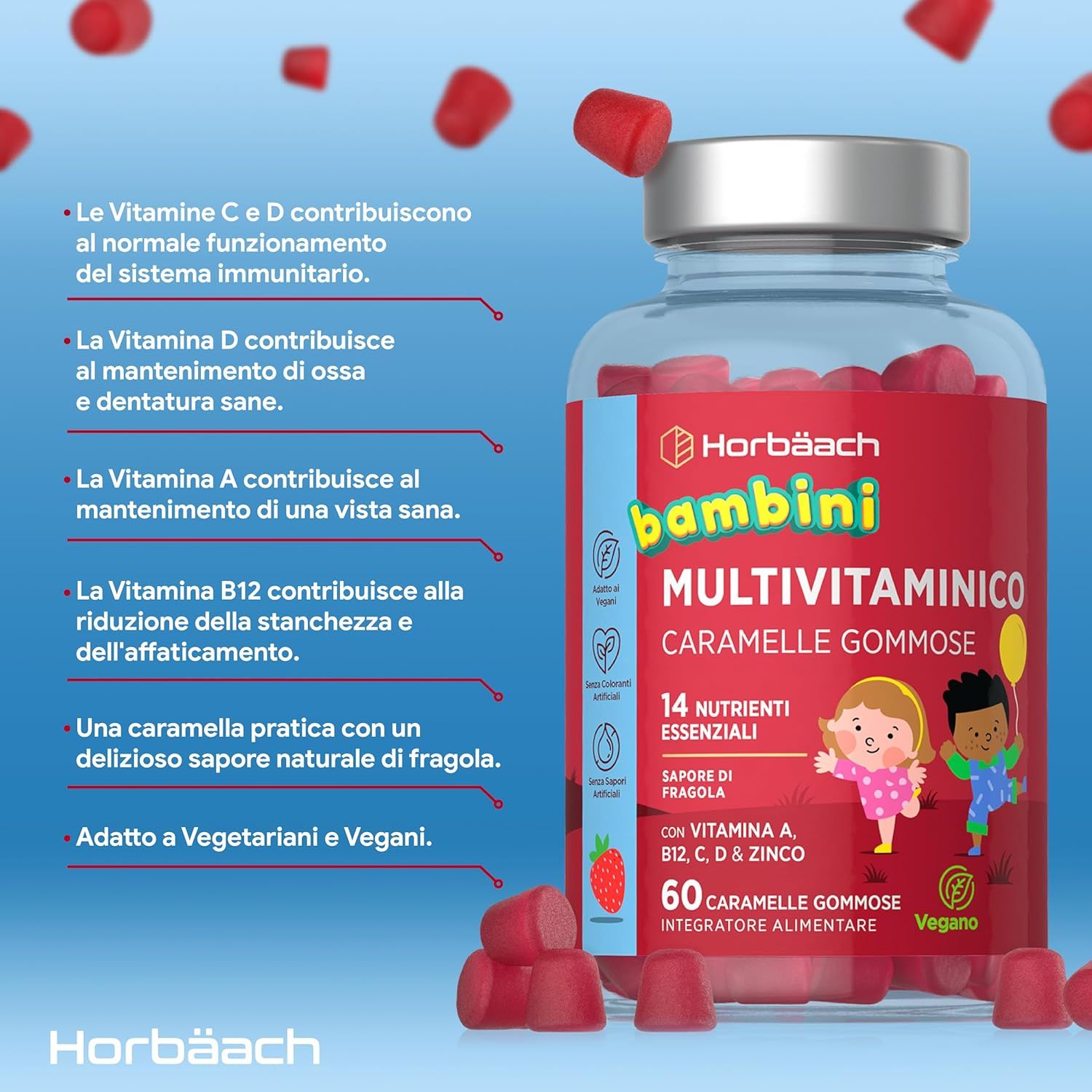 Flacone di Horbaach Bambini Multivitaminico Caramelle Gommose, 60 caramelle. Contiene 14 nutrienti essenziali. Vegano.