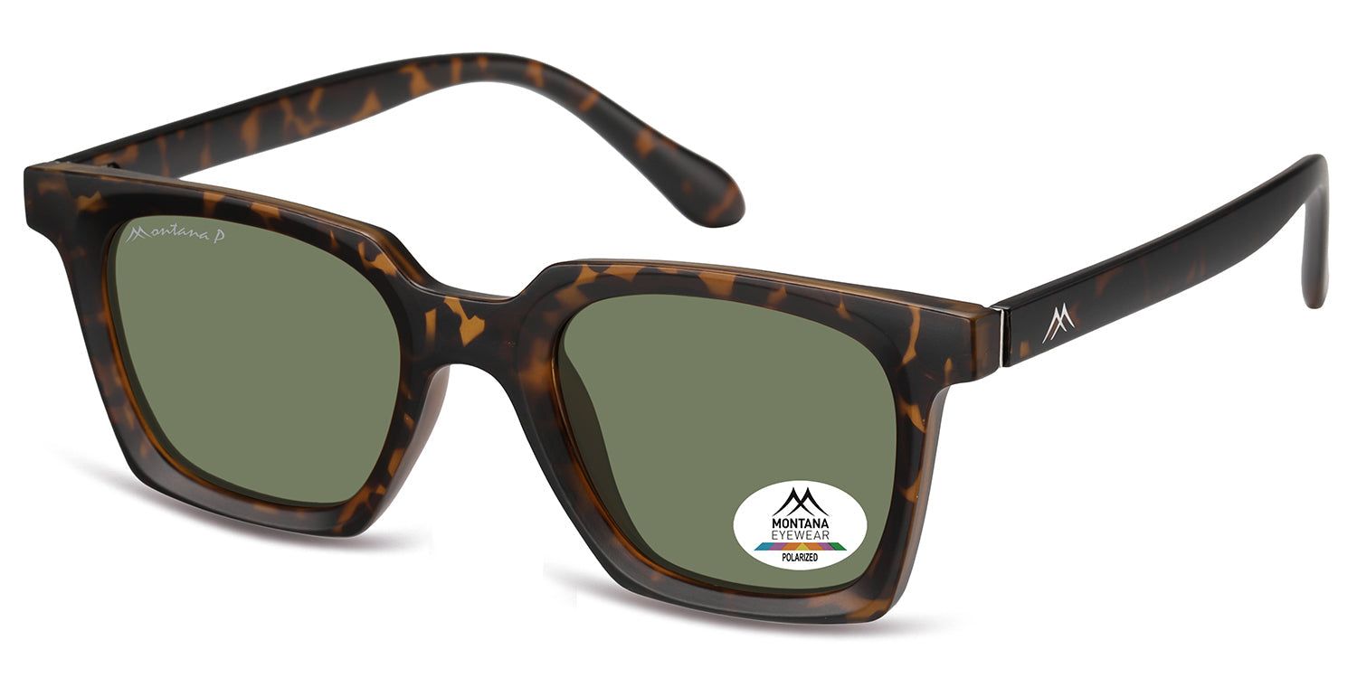 Occhiali da sole con montatura marrone e lenti verdi. Il logo Montana Eyewear è visibile sull'asta.