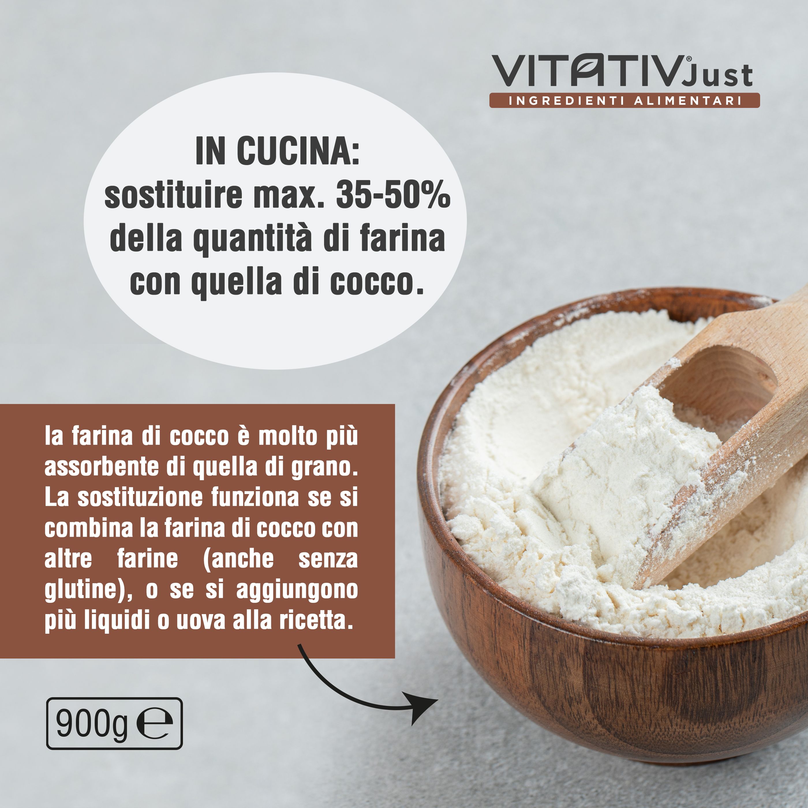 Vitativ® Farina di Cocco da Coltivazione Biologica, Fibre e Sali Minerali, Senza Zuccheri Aggiunti