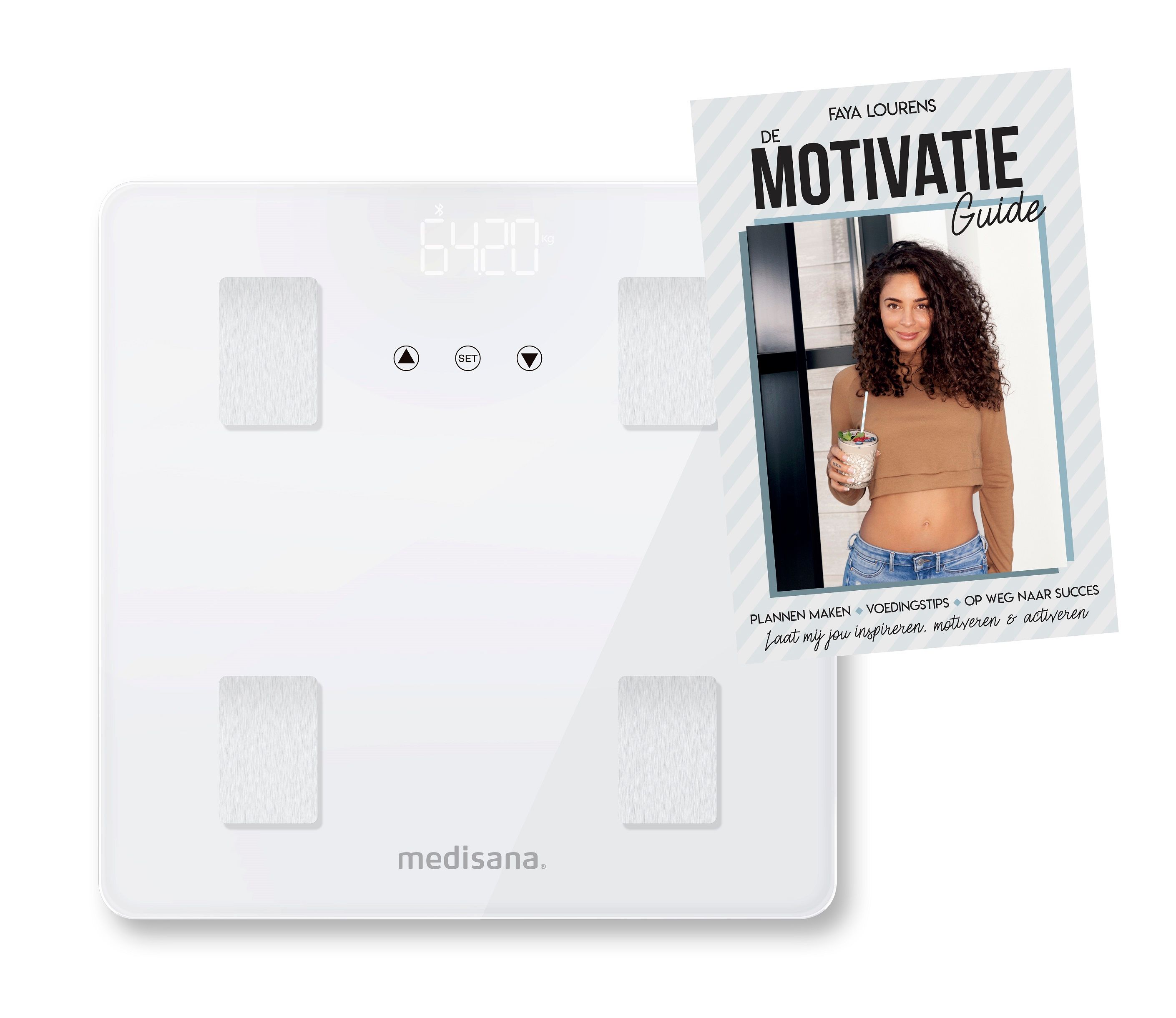 Bilancia bianca con display digitale e quattro sensori. Libro 'De Motivatie Guide'.