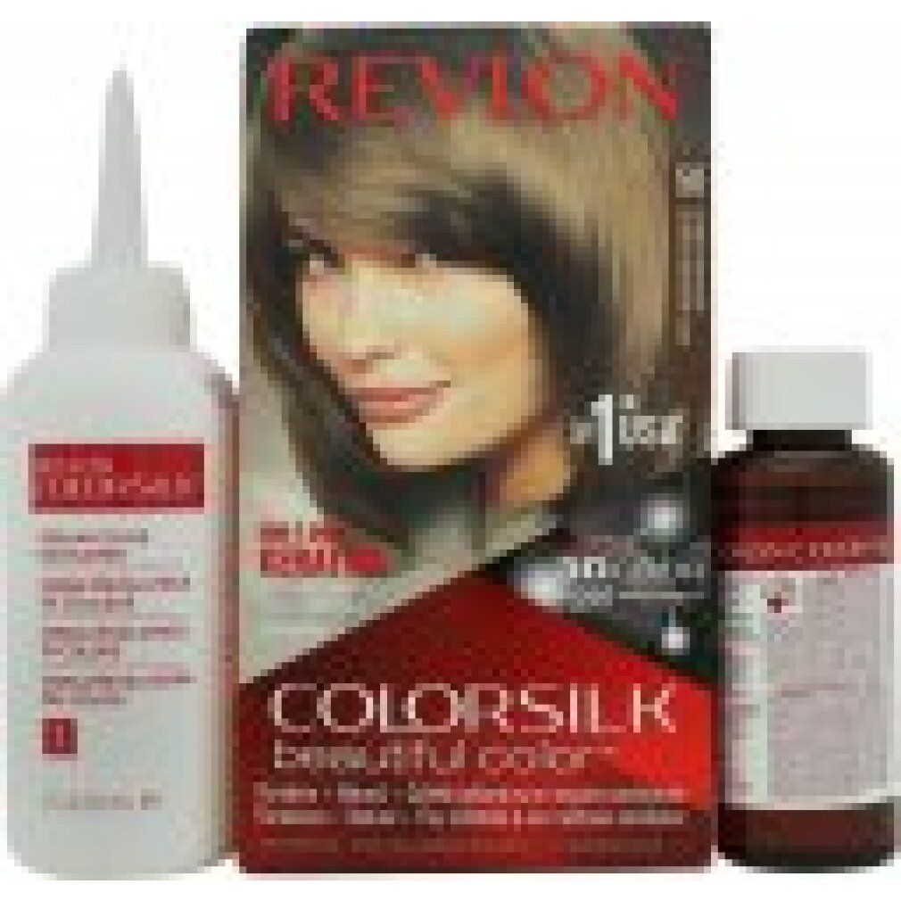Prodotti per la colorazione Revlon Colorsilk. Flacone con applicatore, flacone con rivelatore e confezione. Nome e logo del prodotto visibili.